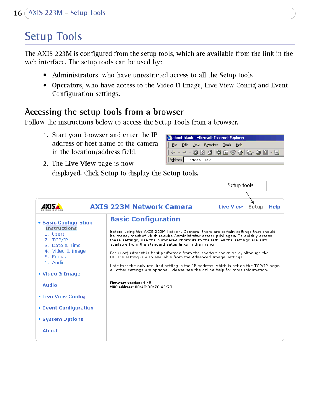 Axis Communications 223M user manual Setup Tools, Accessing the setup tools from a browser 