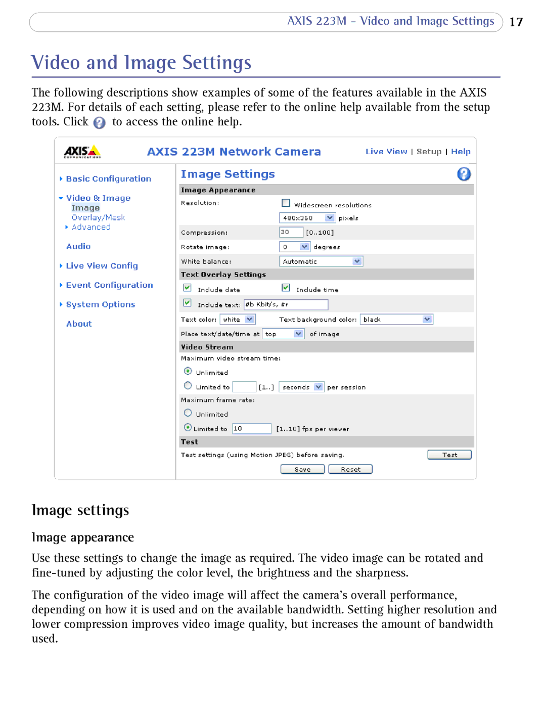 Axis Communications 223M user manual Video and Image Settings, Image settings, Image appearance 