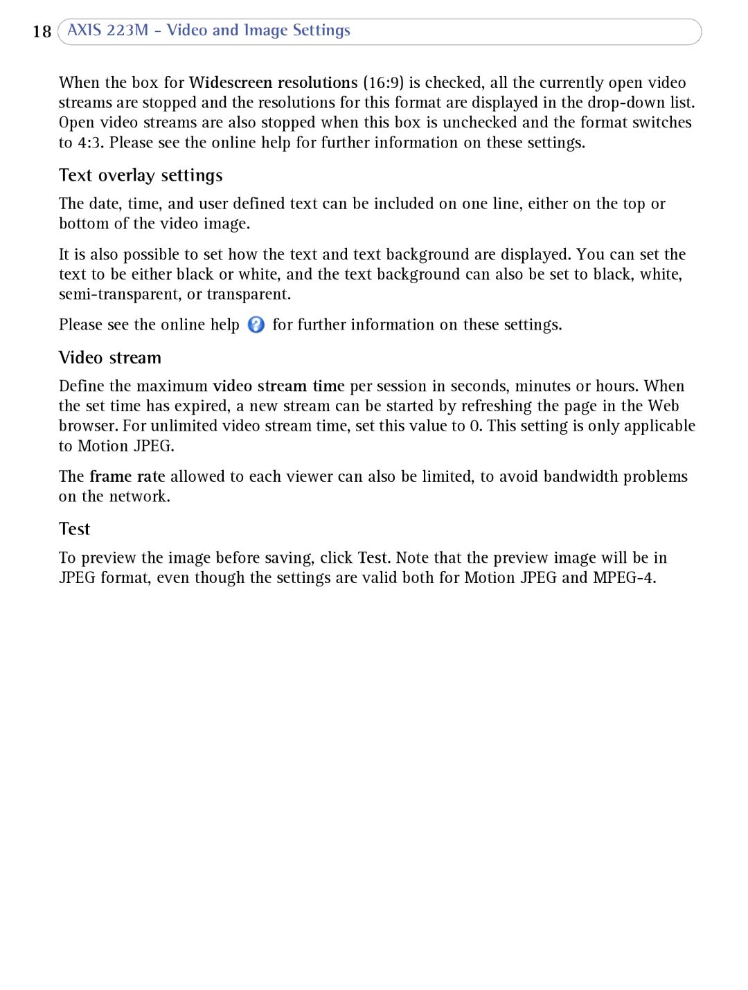 Axis Communications 223M user manual Text overlay settings, Video stream, Test 