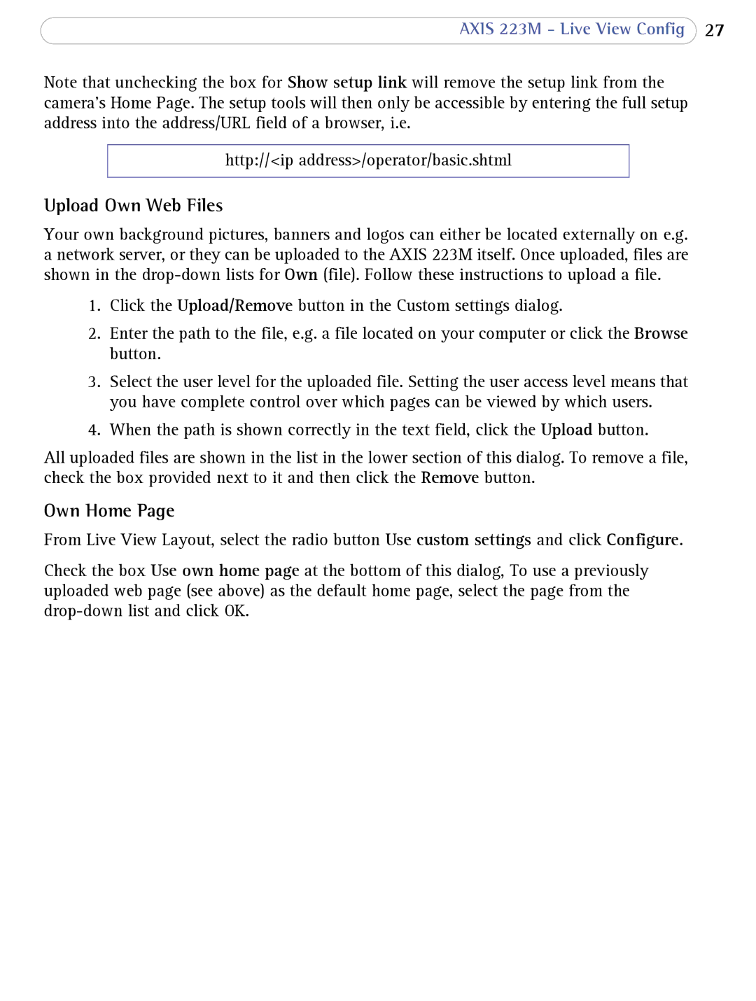 Axis Communications 223M user manual Upload Own Web Files, Own Home 