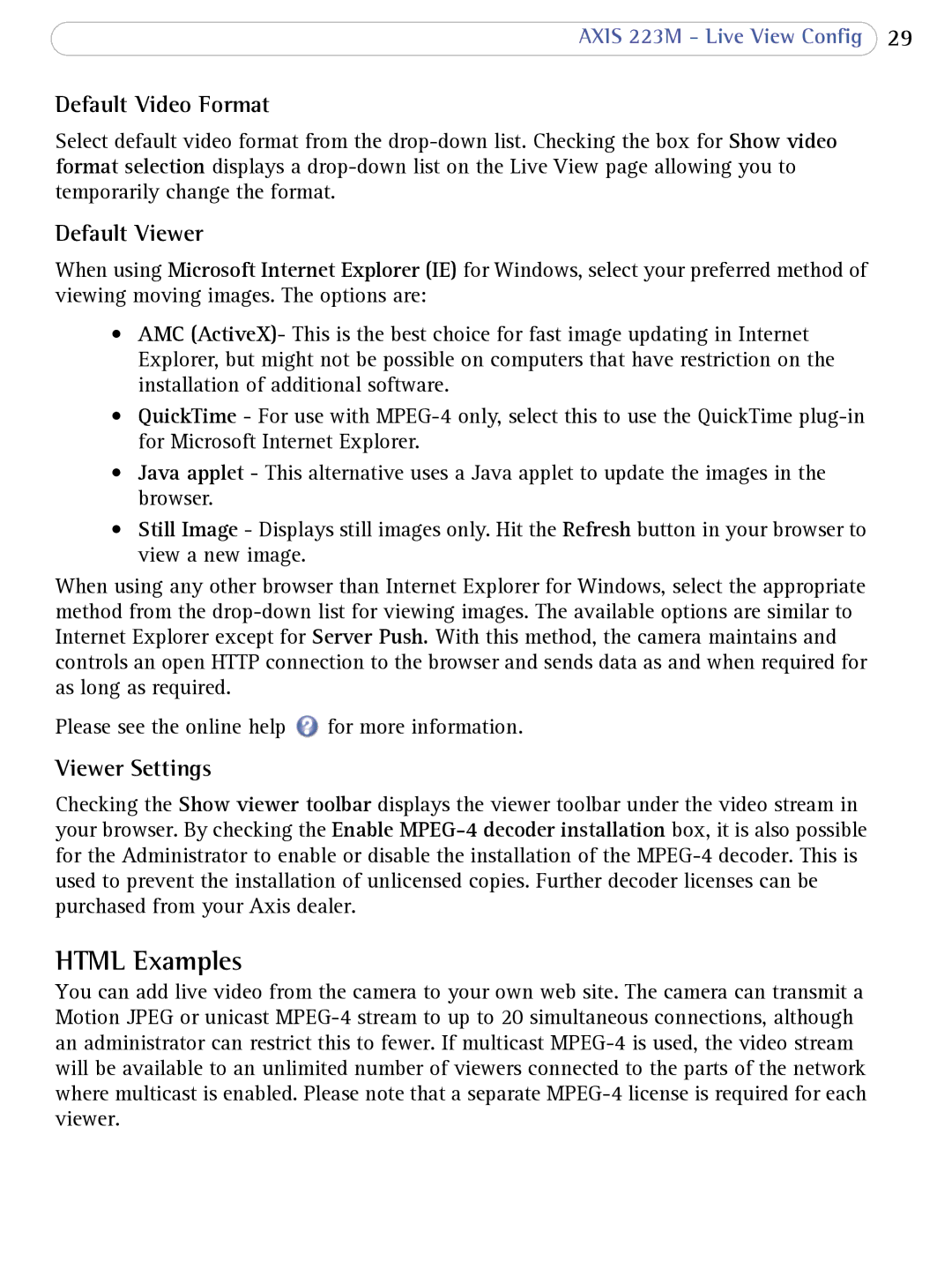 Axis Communications 223M user manual Html Examples, Default Video Format, Default Viewer, Viewer Settings 