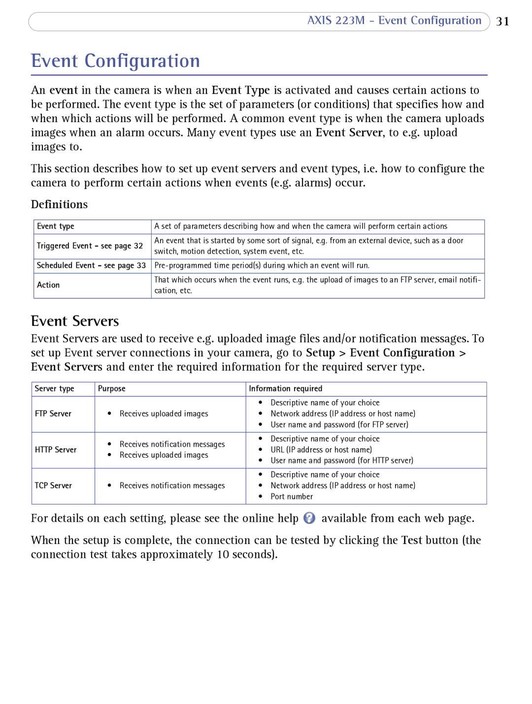 Axis Communications 223M user manual Event Configuration, Event Servers, Definitions 