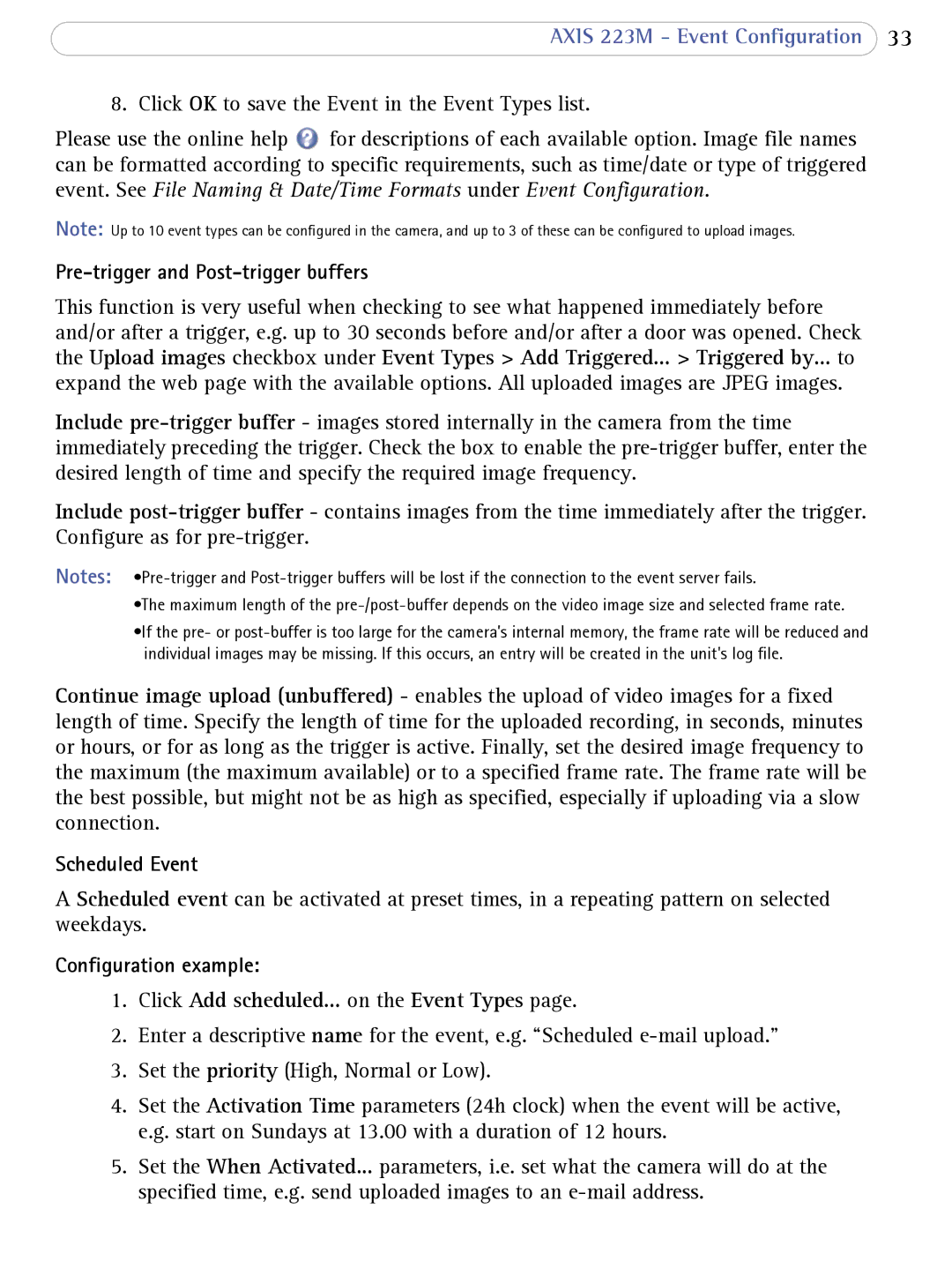 Axis Communications 223M user manual Pre-trigger and Post-trigger buffers, Scheduled Event 