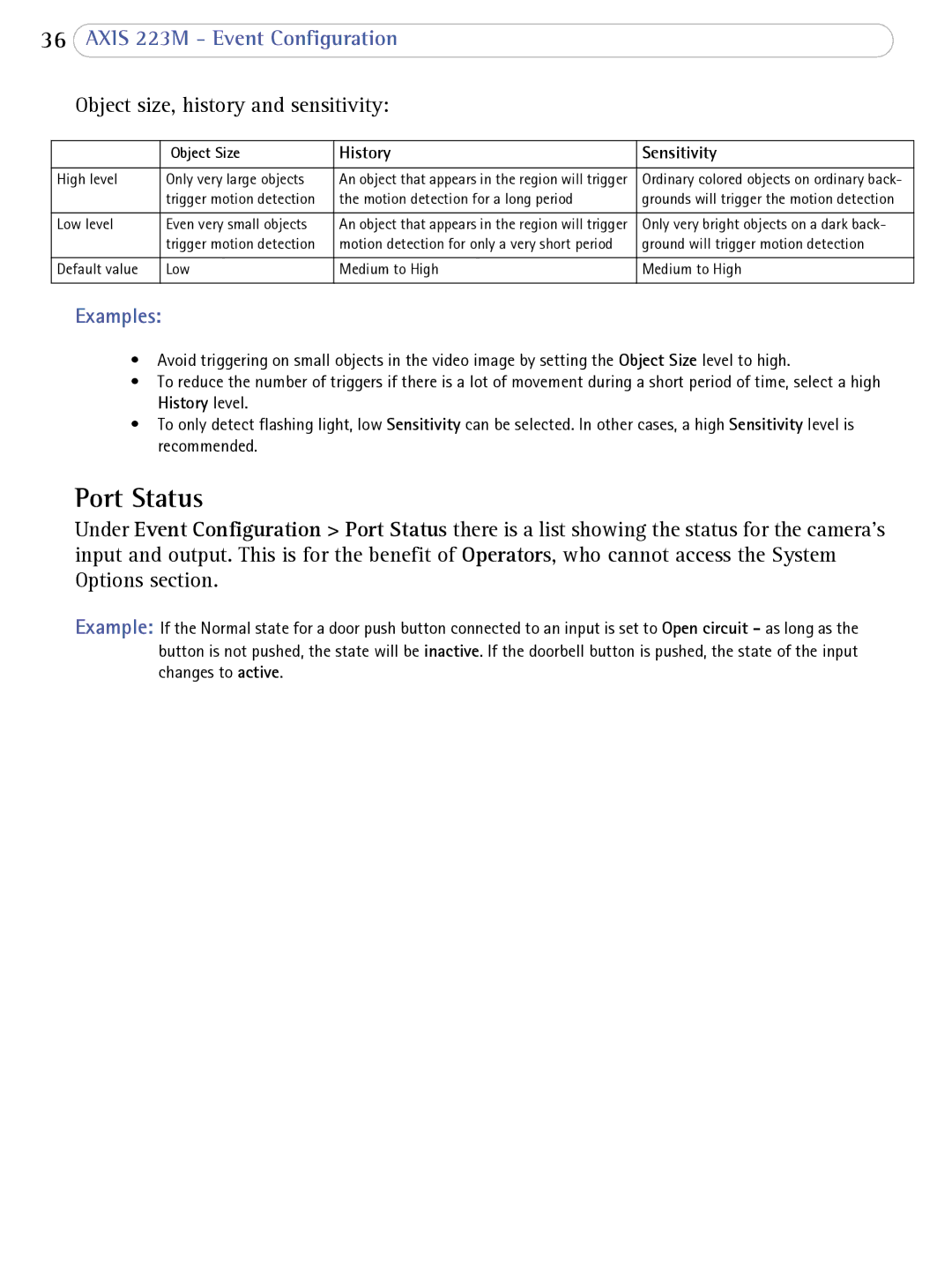 Axis Communications 223M user manual Port Status, Object size, history and sensitivity 