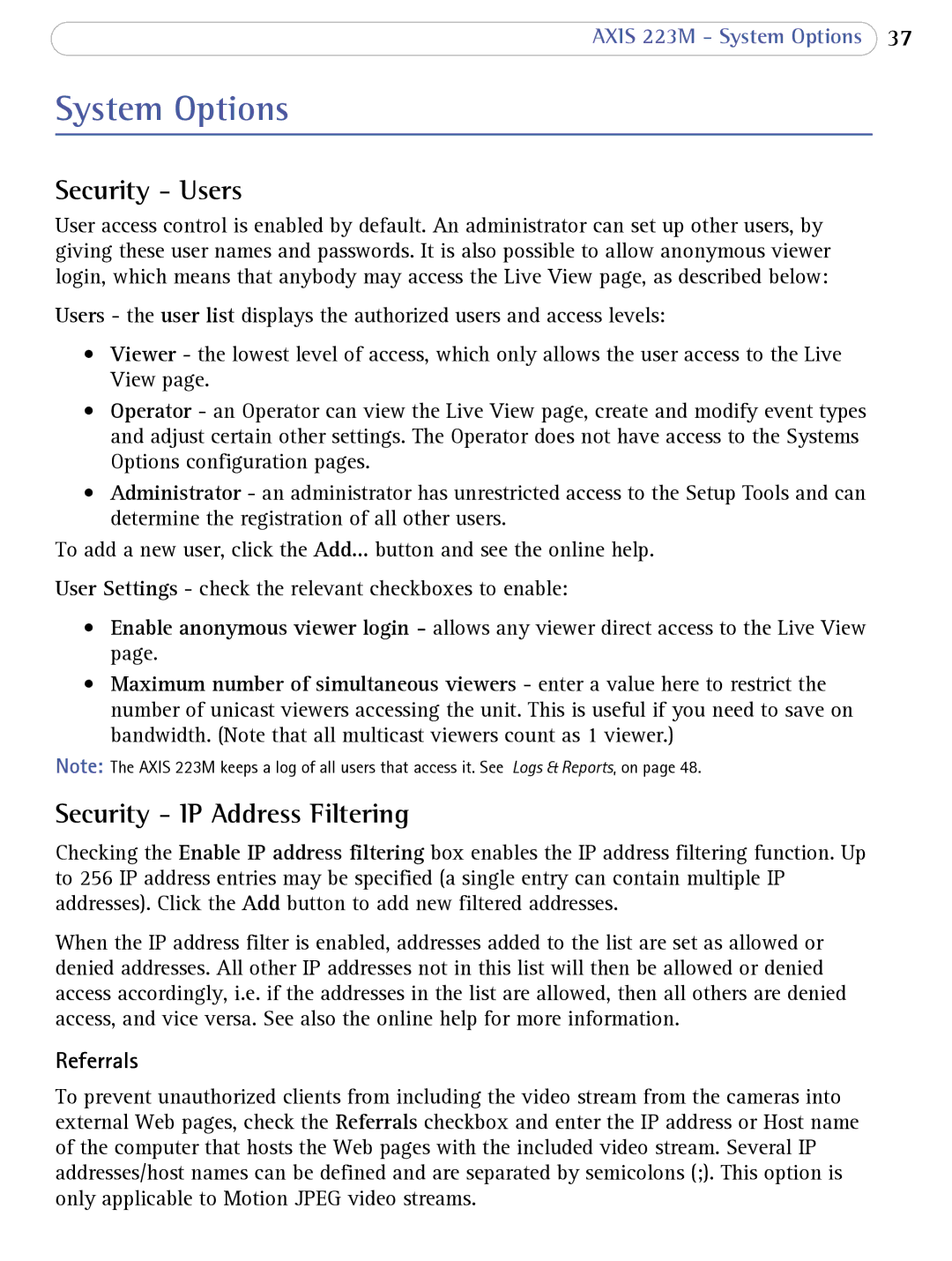 Axis Communications 223M user manual System Options, Security Users, Security IP Address Filtering, Referrals 