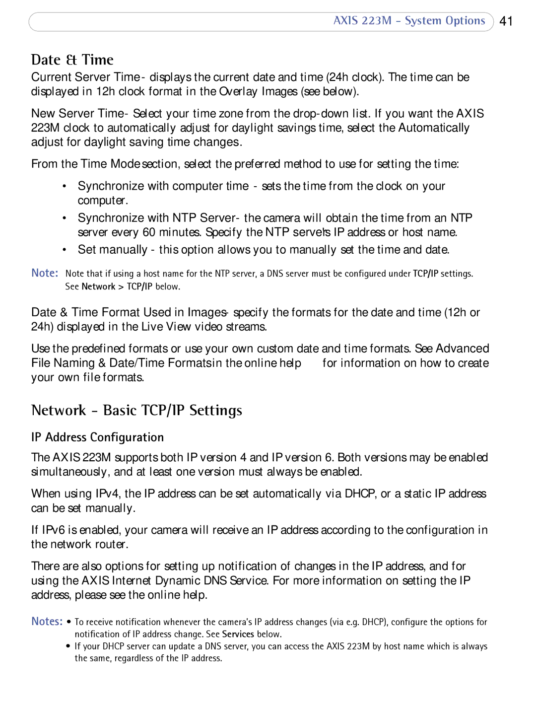 Axis Communications 223M user manual Date & Time, Network Basic TCP/IP Settings, IP Address Configuration 