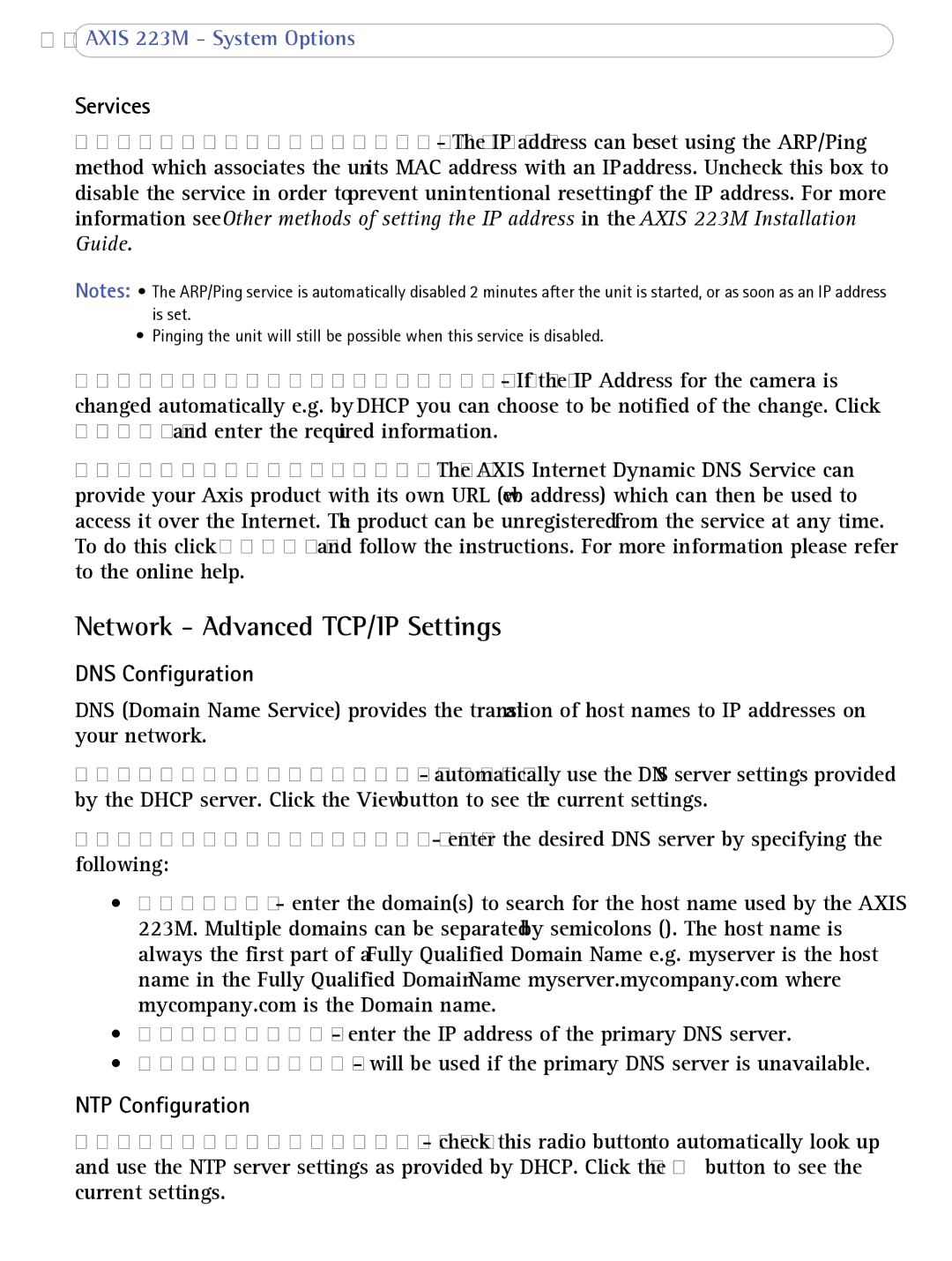 Axis Communications 223M user manual Network Advanced TCP/IP Settings, Services, DNS Configuration, NTP Configuration 