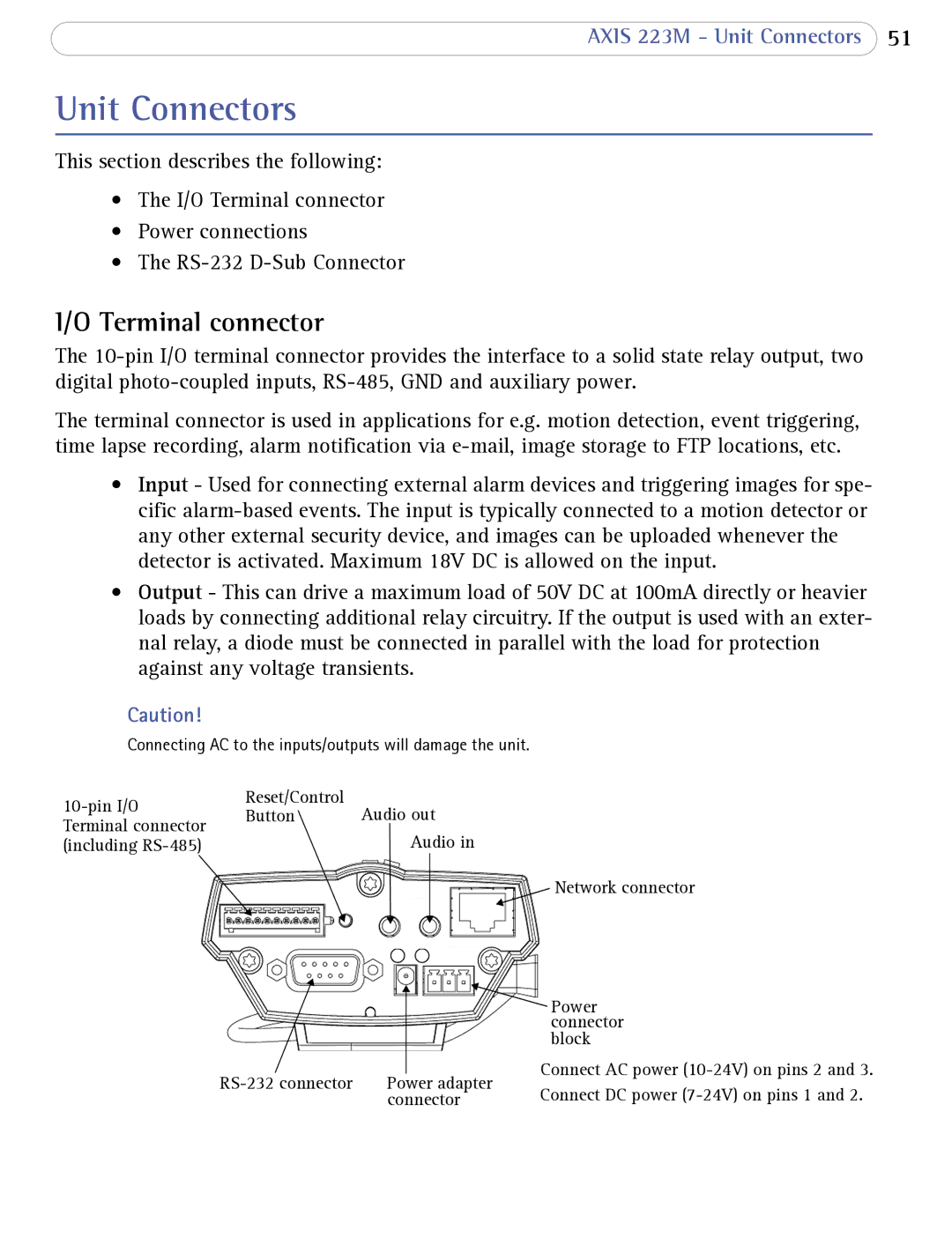 Axis Communications 223M user manual Unit Connectors, Terminal connector 