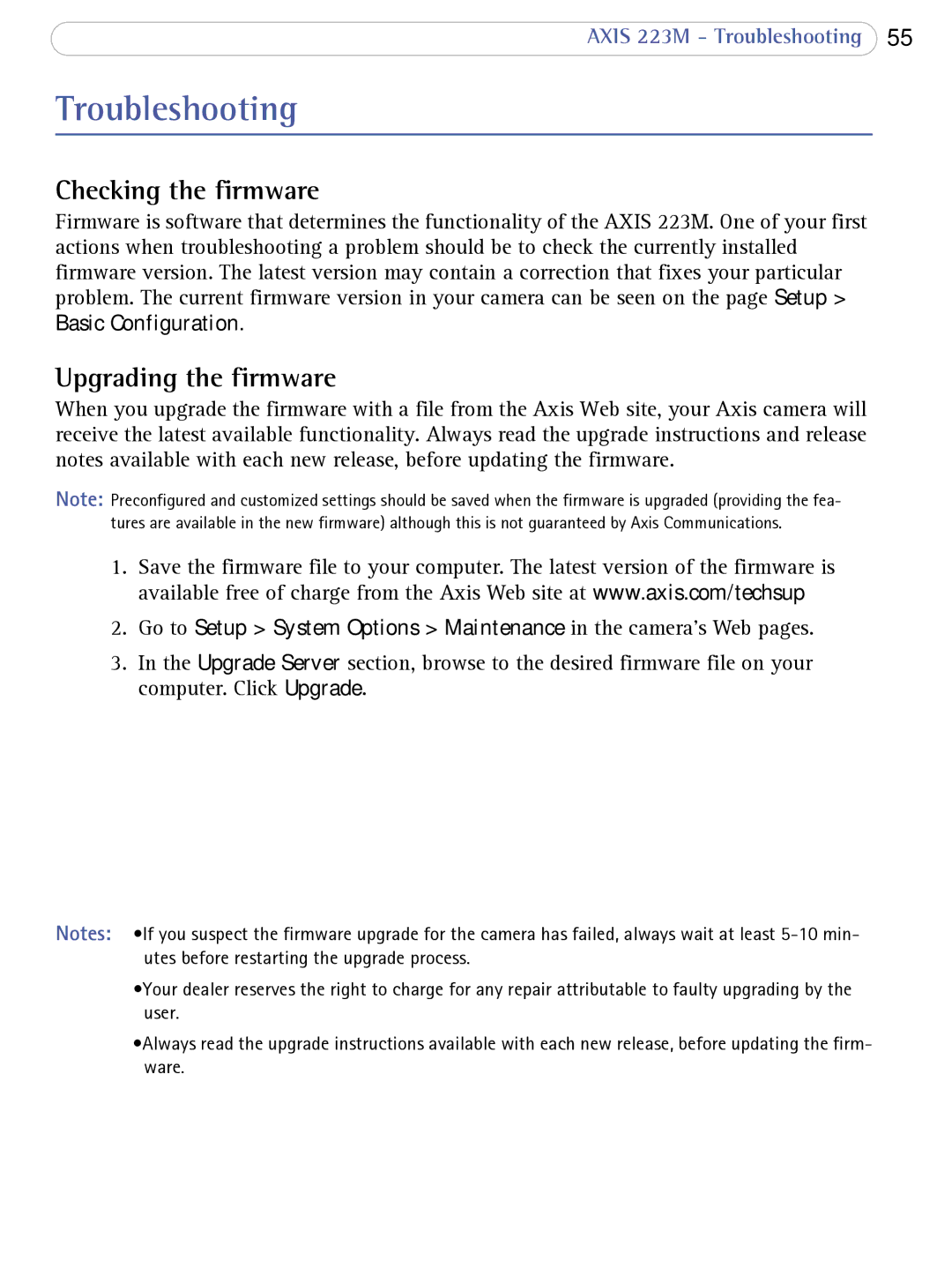 Axis Communications 223M user manual Troubleshooting, Checking the firmware, Upgrading the firmware, Basic Configuration 