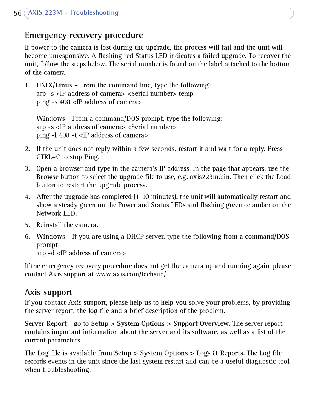 Axis Communications 223M user manual Emergency recovery procedure, Axis support 