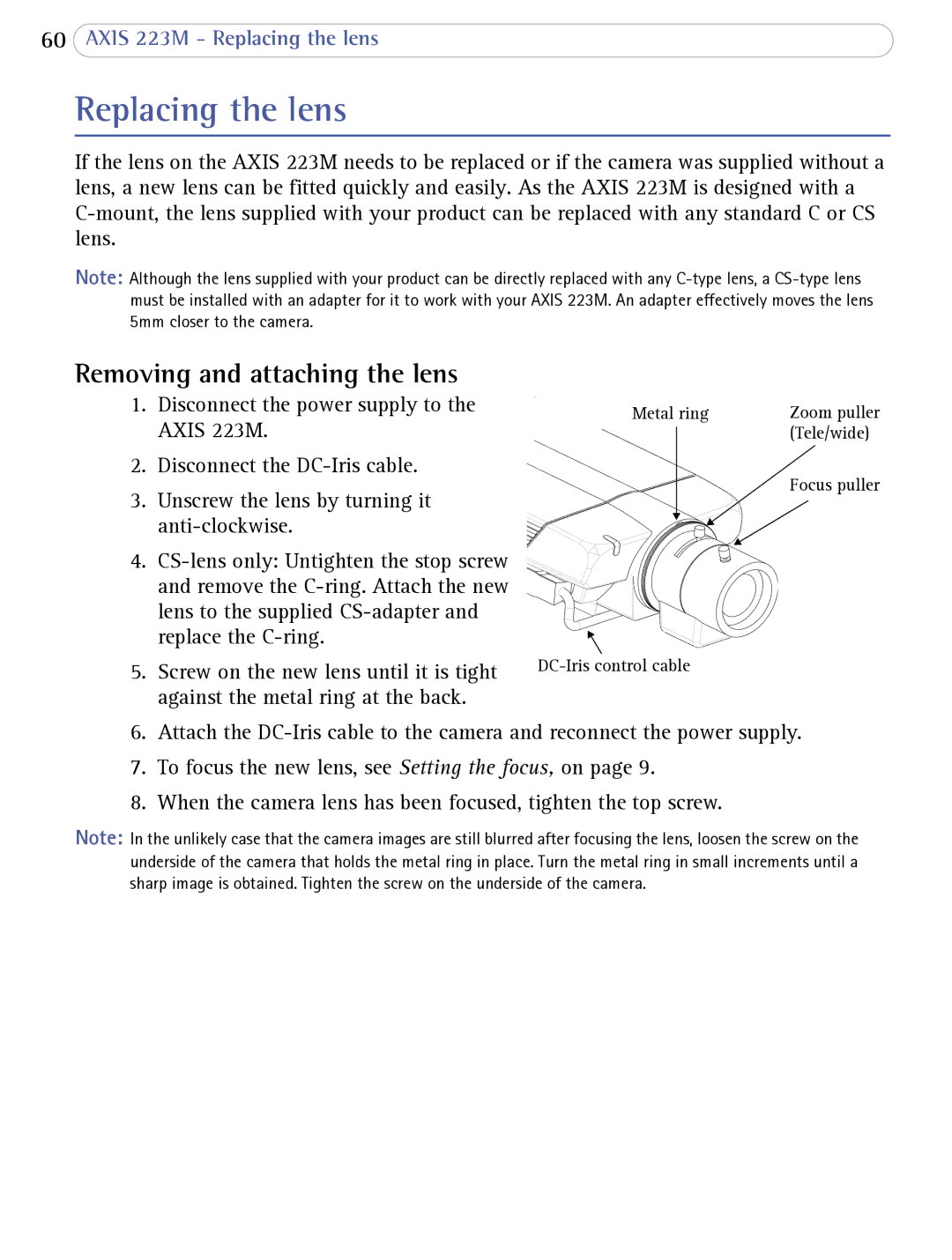 Axis Communications 223M user manual Replacing the lens, Removing and attaching the lens 