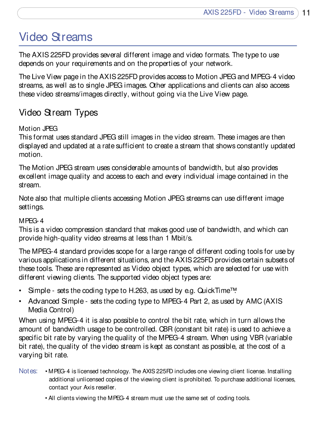 Axis Communications 225FD user manual Video Streams, Video Stream Types, Motion Jpeg 