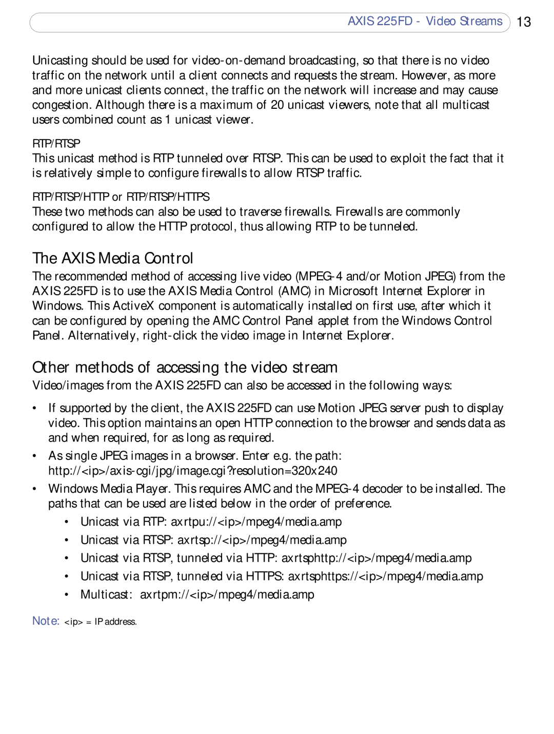 Axis Communications 225FD Axis Media Control, Other methods of accessing the video stream, RTP/RTSP/HTTP or RTP/RTSP/HTTPS 