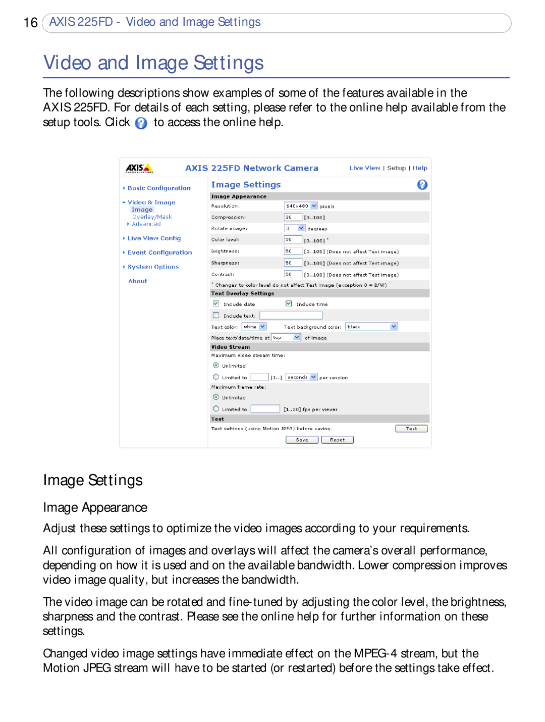 Axis Communications 225FD user manual Video and Image Settings, Image Appearance 