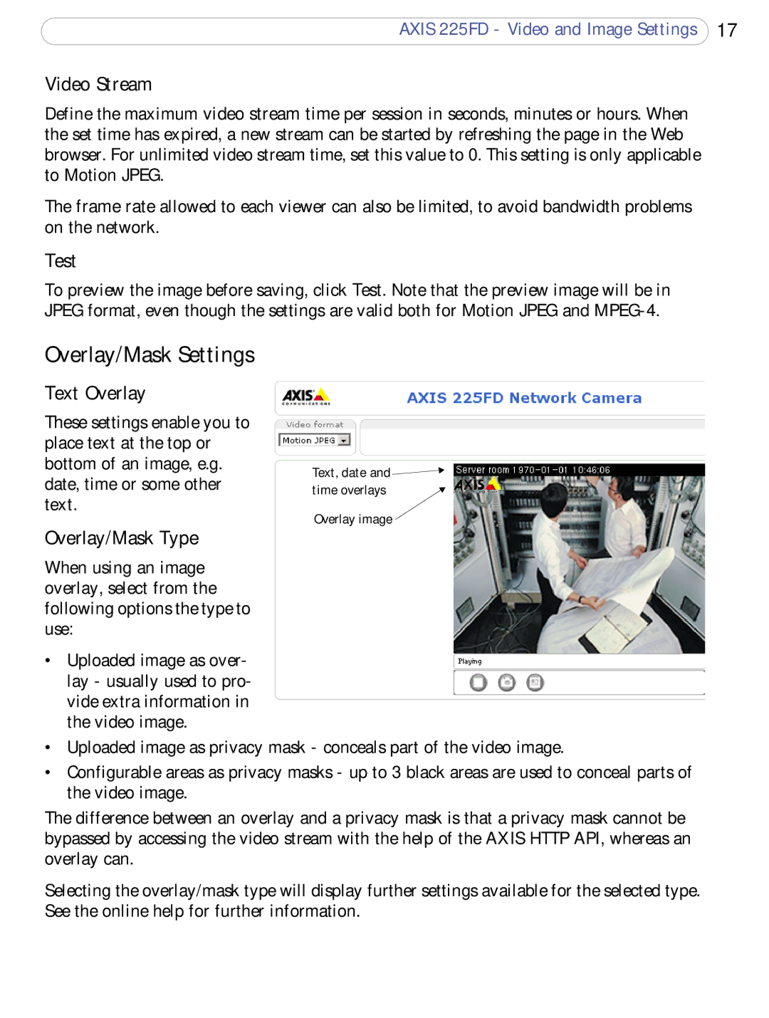 Axis Communications 225FD user manual Overlay/Mask Settings, Video Stream, Test, Text Overlay, Overlay/Mask Type 