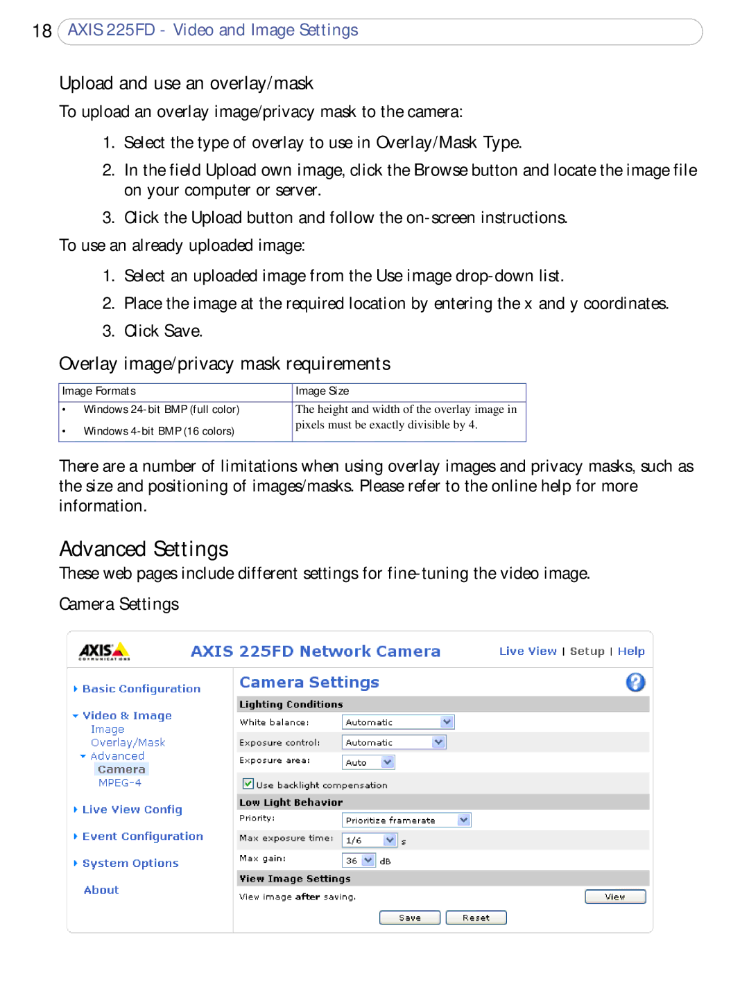 Axis Communications 225FD Advanced Settings, Upload and use an overlay/mask, Overlay image/privacy mask requirements 