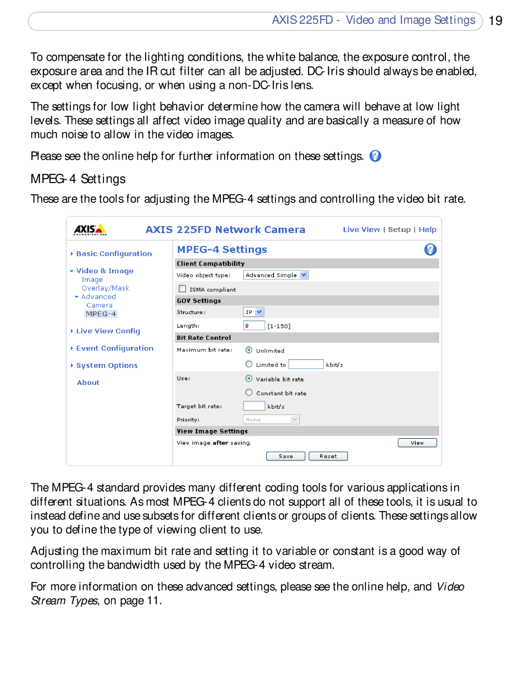 Axis Communications 225FD user manual MPEG-4 Settings 