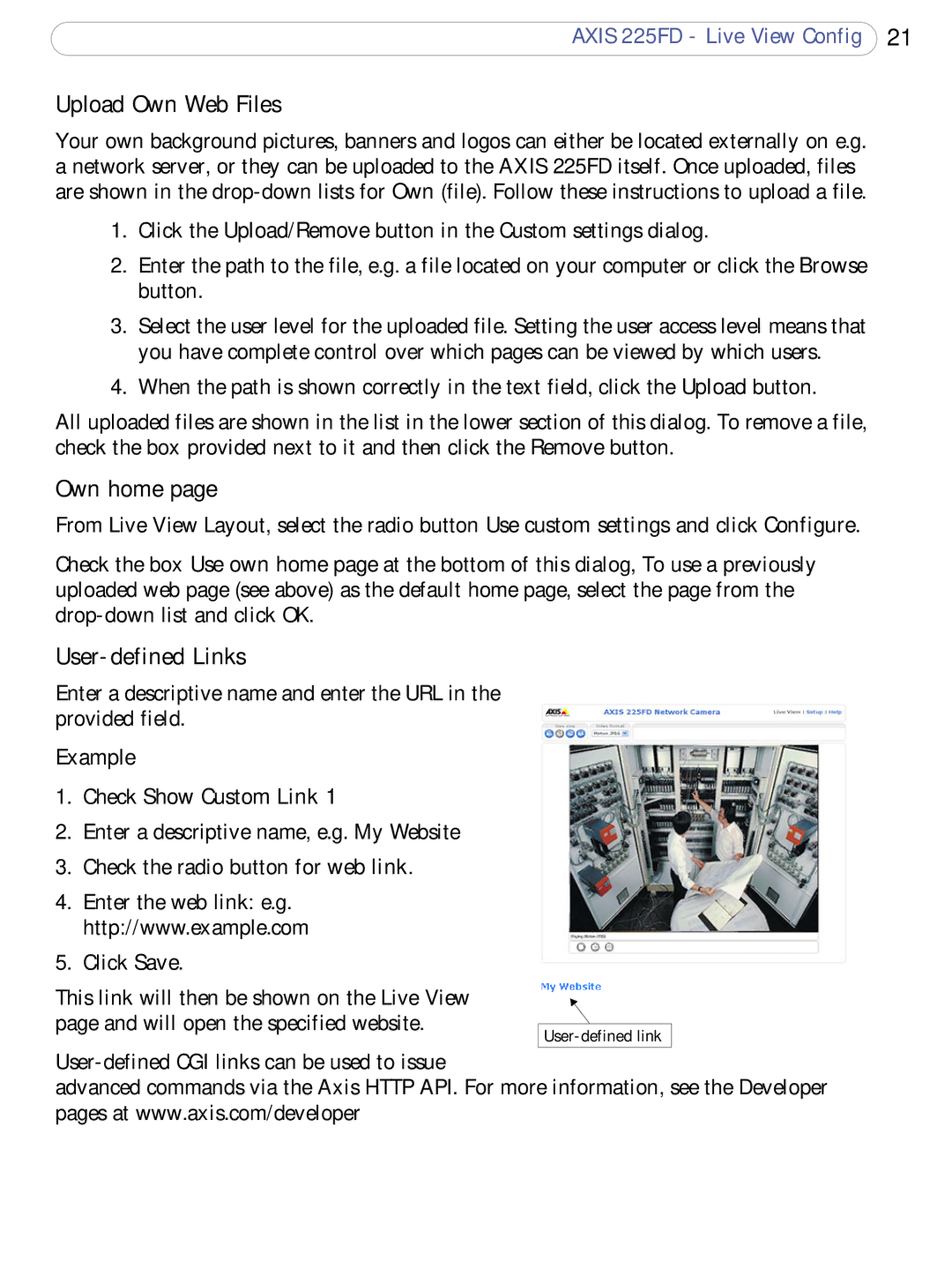 Axis Communications 225FD user manual Upload Own Web Files, Own home, User-defined Links, Example Check Show Custom Link 