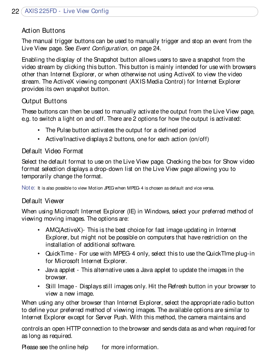 Axis Communications 225FD user manual Action Buttons, Output Buttons, Default Video Format, Default Viewer 
