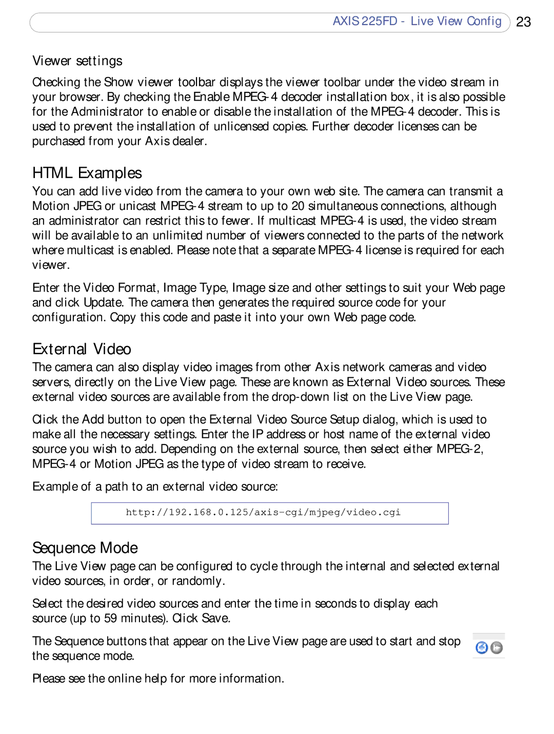 Axis Communications 225FD user manual Html Examples, External Video, Sequence Mode, Viewer settings 