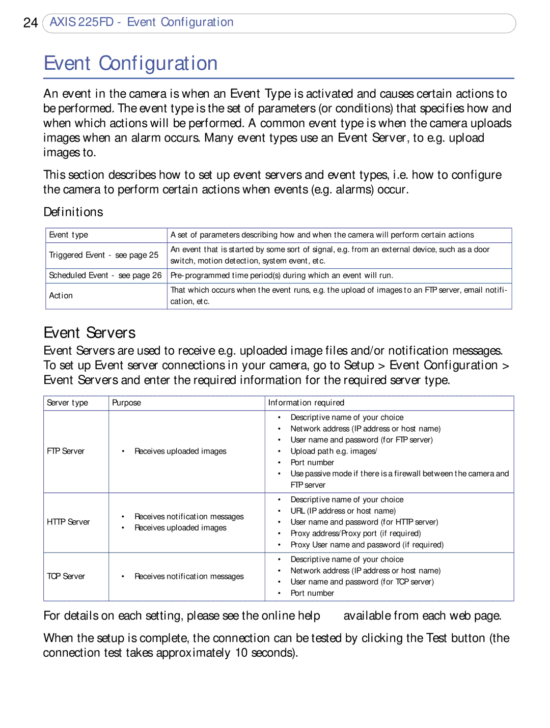 Axis Communications 225FD user manual Event Configuration, Event Servers, Definitions 