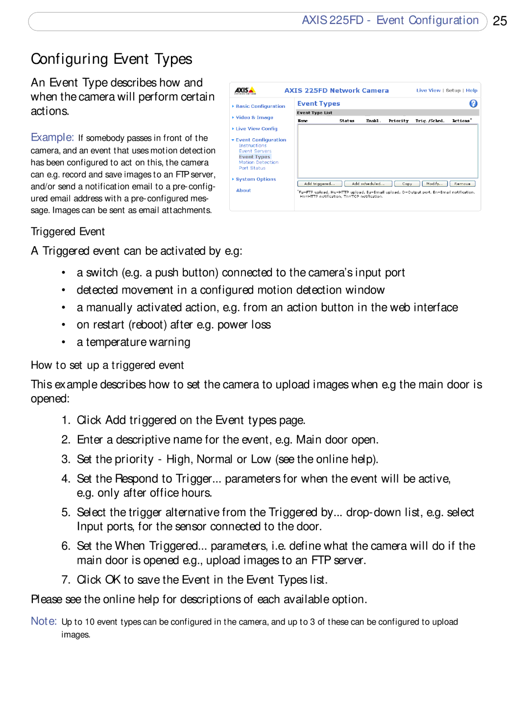 Axis Communications 225FD user manual Configuring Event Types, Triggered Event, How to set up a triggered event 