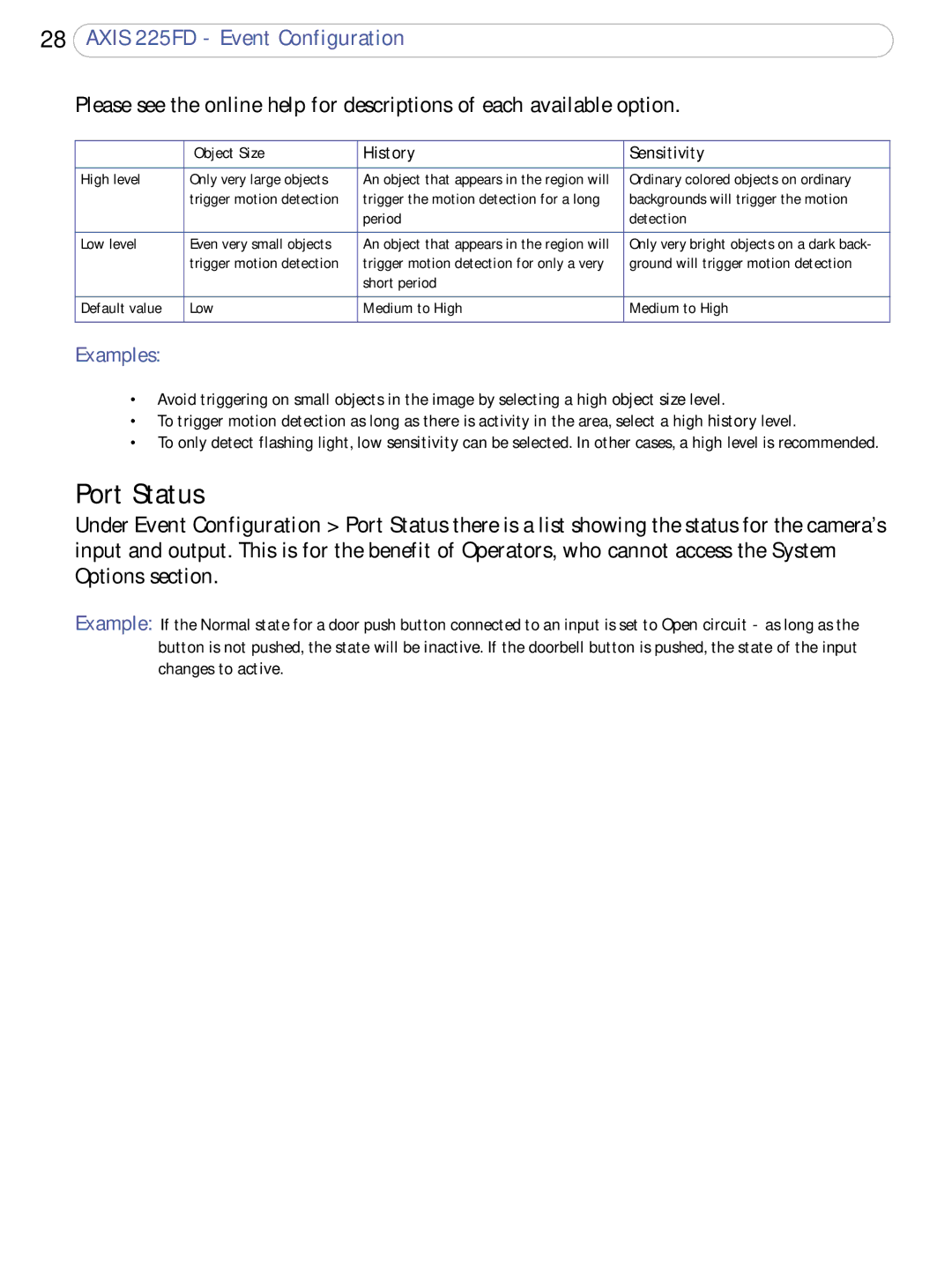 Axis Communications 225FD user manual Port Status, Object Size 