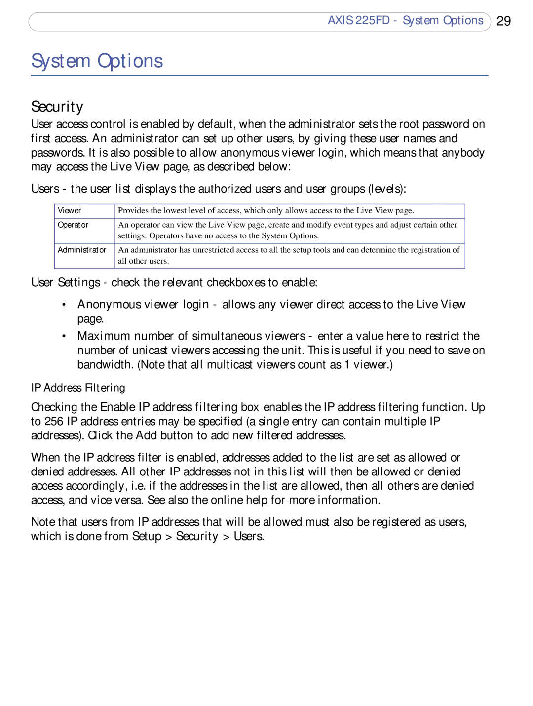 Axis Communications 225FD user manual System Options, Security, IP Address Filtering, Viewer, Operator 