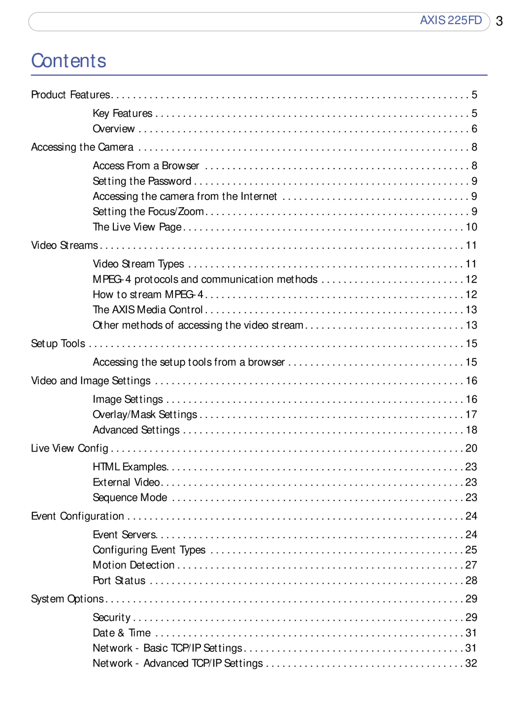 Axis Communications 225FD user manual Contents 