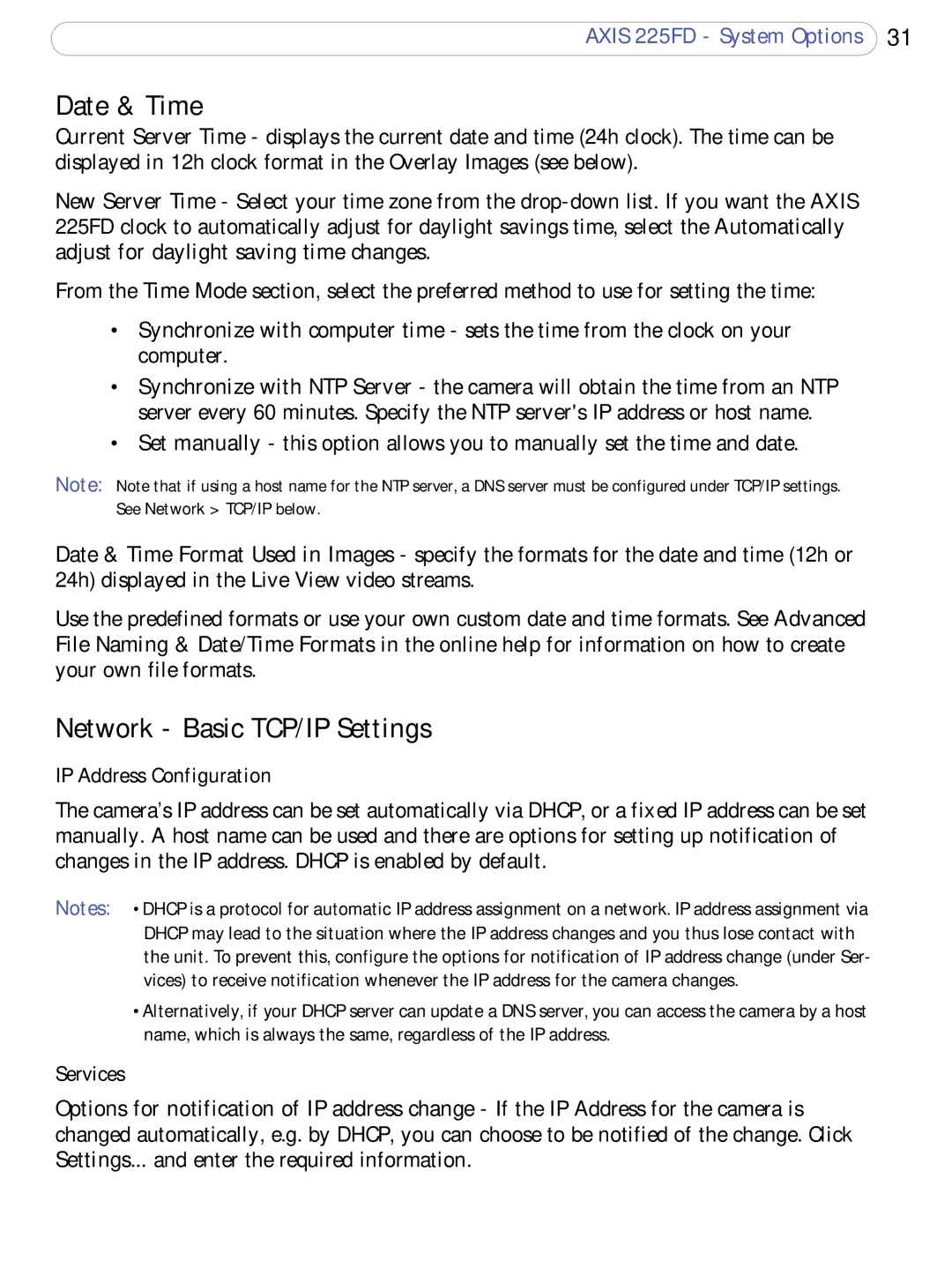 Axis Communications 225FD user manual Date & Time, Network Basic TCP/IP Settings, IP Address Configuration, Services 