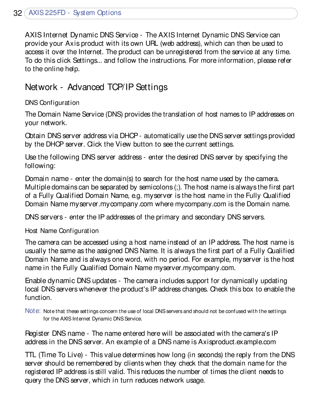 Axis Communications 225FD user manual Network Advanced TCP/IP Settings, DNS Configuration, Host Name Configuration 