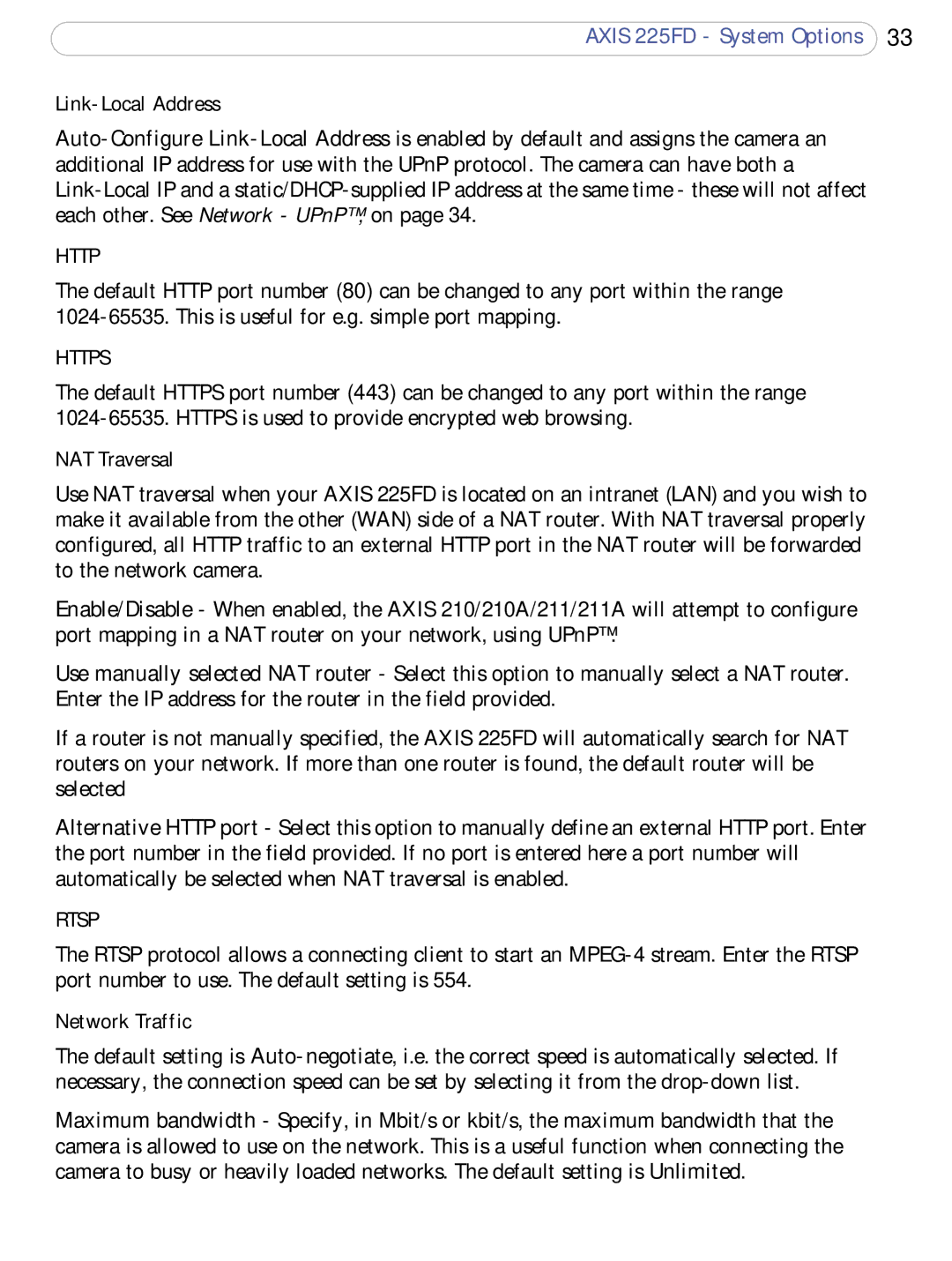 Axis Communications 225FD user manual Link-Local Address, NAT Traversal, Network Traffic 