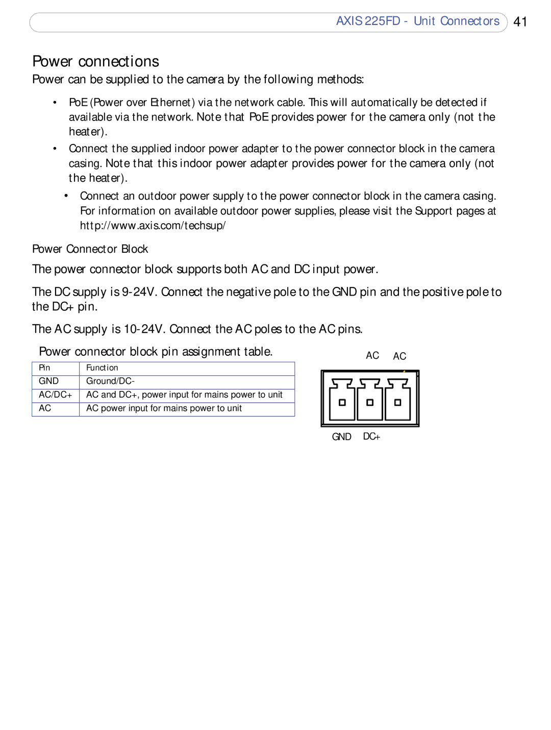 Axis Communications 225FD user manual Power connections, Power Connector Block, Pin Function 