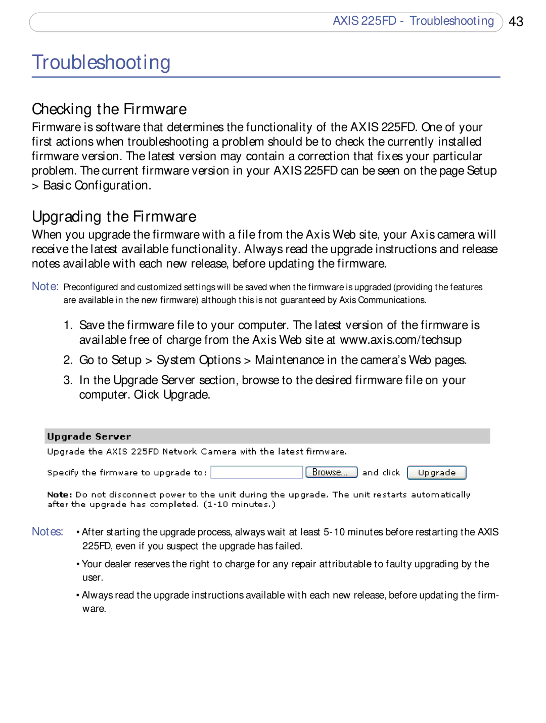 Axis Communications 225FD user manual Troubleshooting, Checking the Firmware, Upgrading the Firmware 