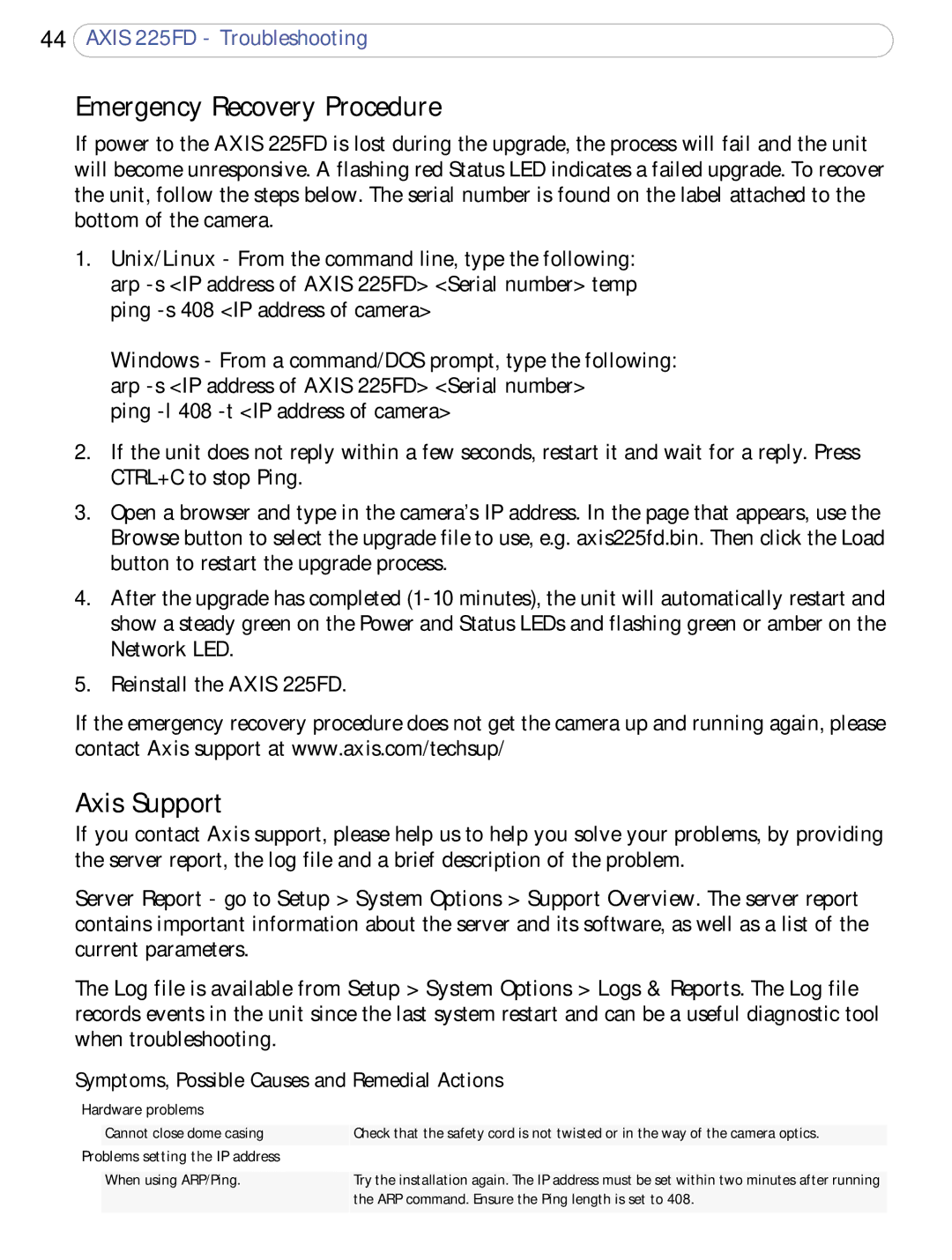 Axis Communications 225FD Emergency Recovery Procedure, Axis Support, Symptoms, Possible Causes and Remedial Actions 