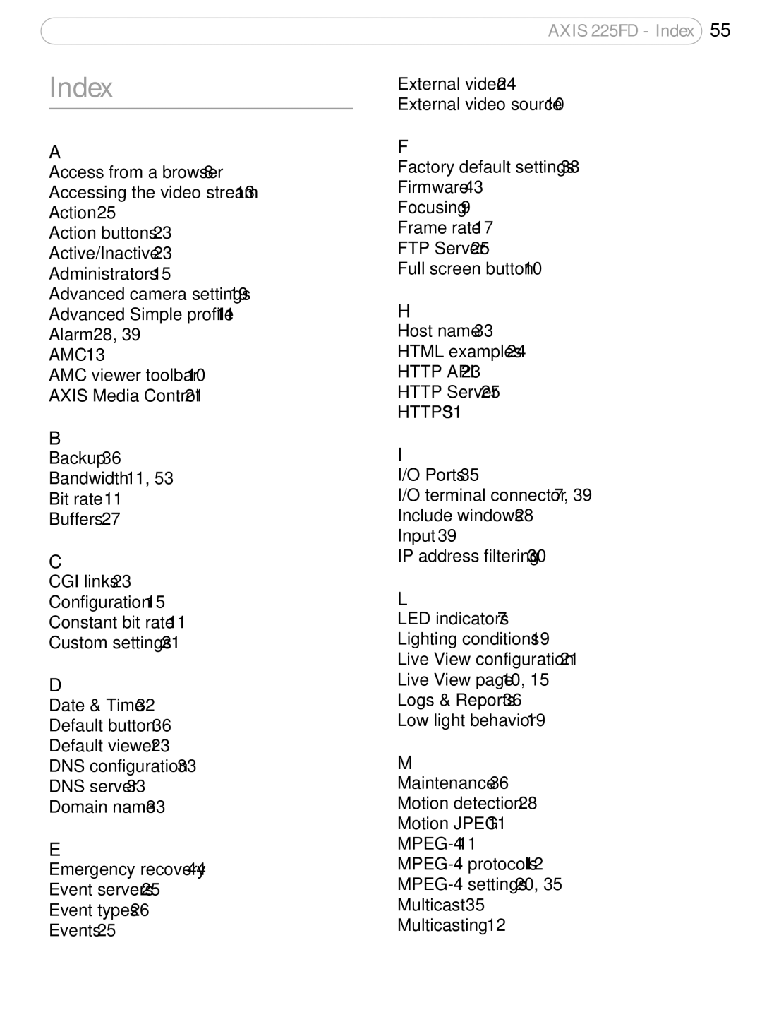 Axis Communications user manual Axis 225FD Index 