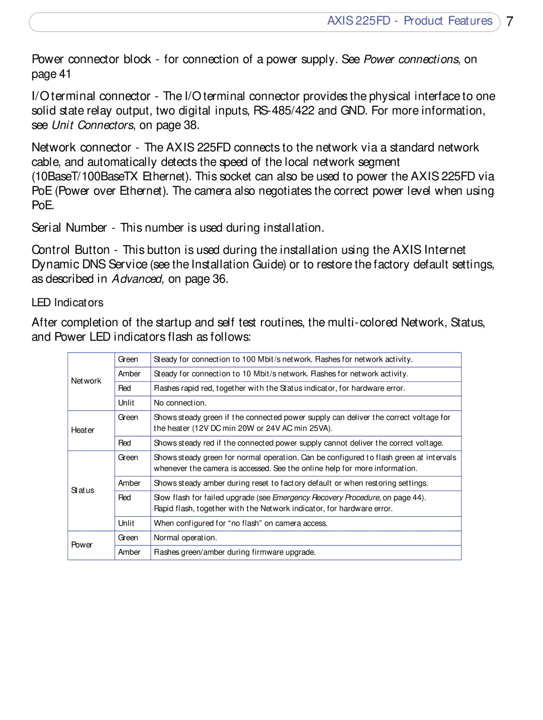 Axis Communications 225FD user manual LED Indicators, Network, Heater, Status, Power 