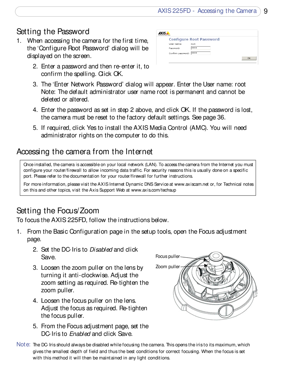 Axis Communications 225FD user manual Setting the Password, Accessing the camera from the Internet, Setting the Focus/Zoom 