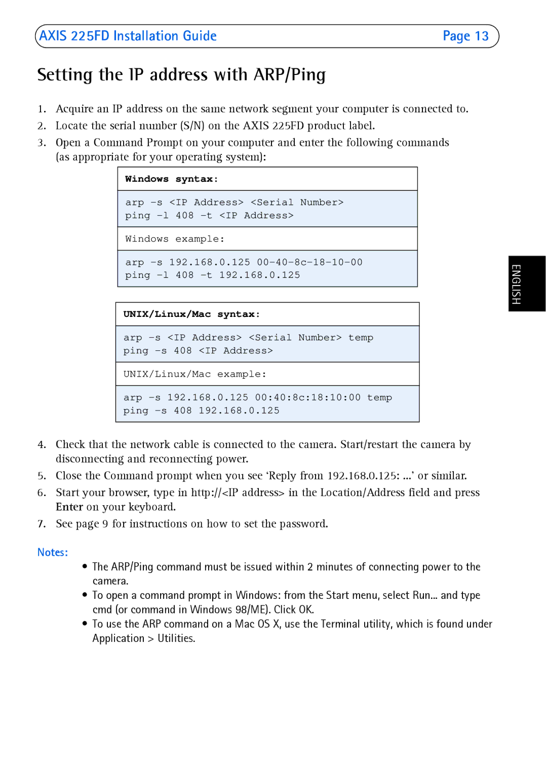 Axis Communications 225FD manual Setting the IP address with ARP/Ping, Windows syntax 