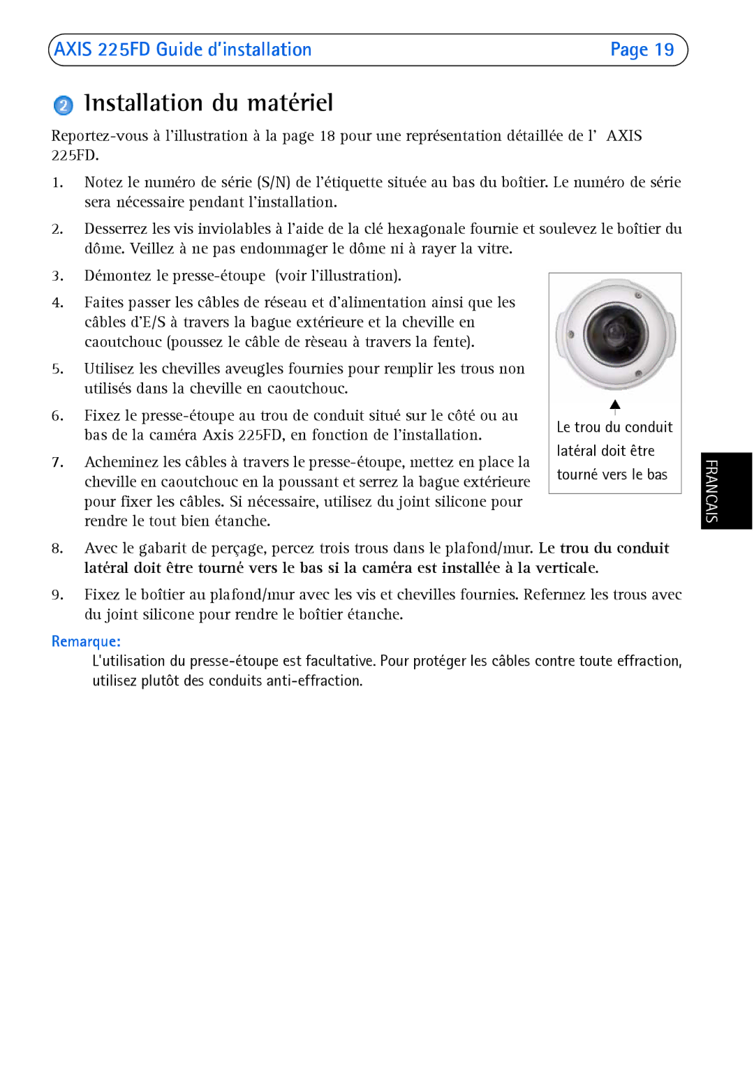 Axis Communications 225FD manual Installation du matériel, Francais 