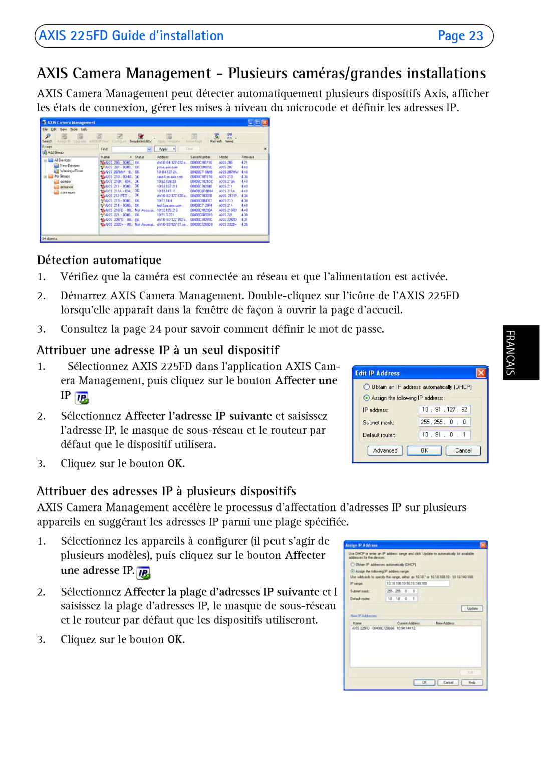 Axis Communications 225FD manual Attribuer une adresse IP à un seul dispositif, Cliquez sur le bouton OK 