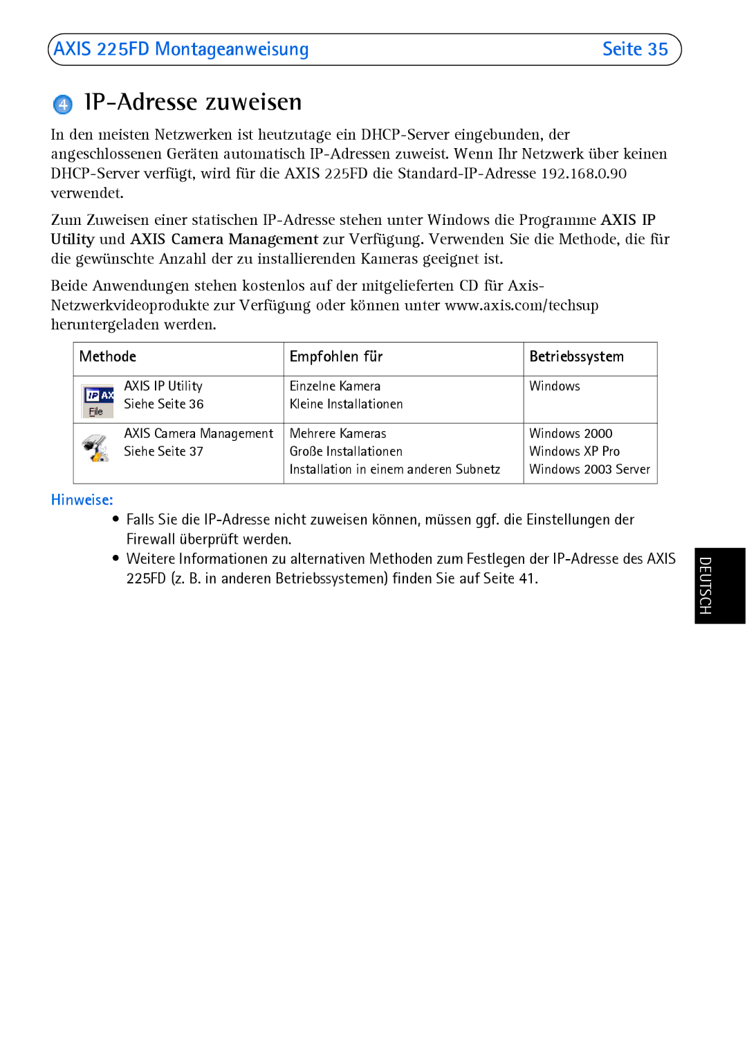 Axis Communications 225FD manual IP-Adresse zuweisen, Methode Empfohlen für Betriebssystem, Firewall überprüft werden 