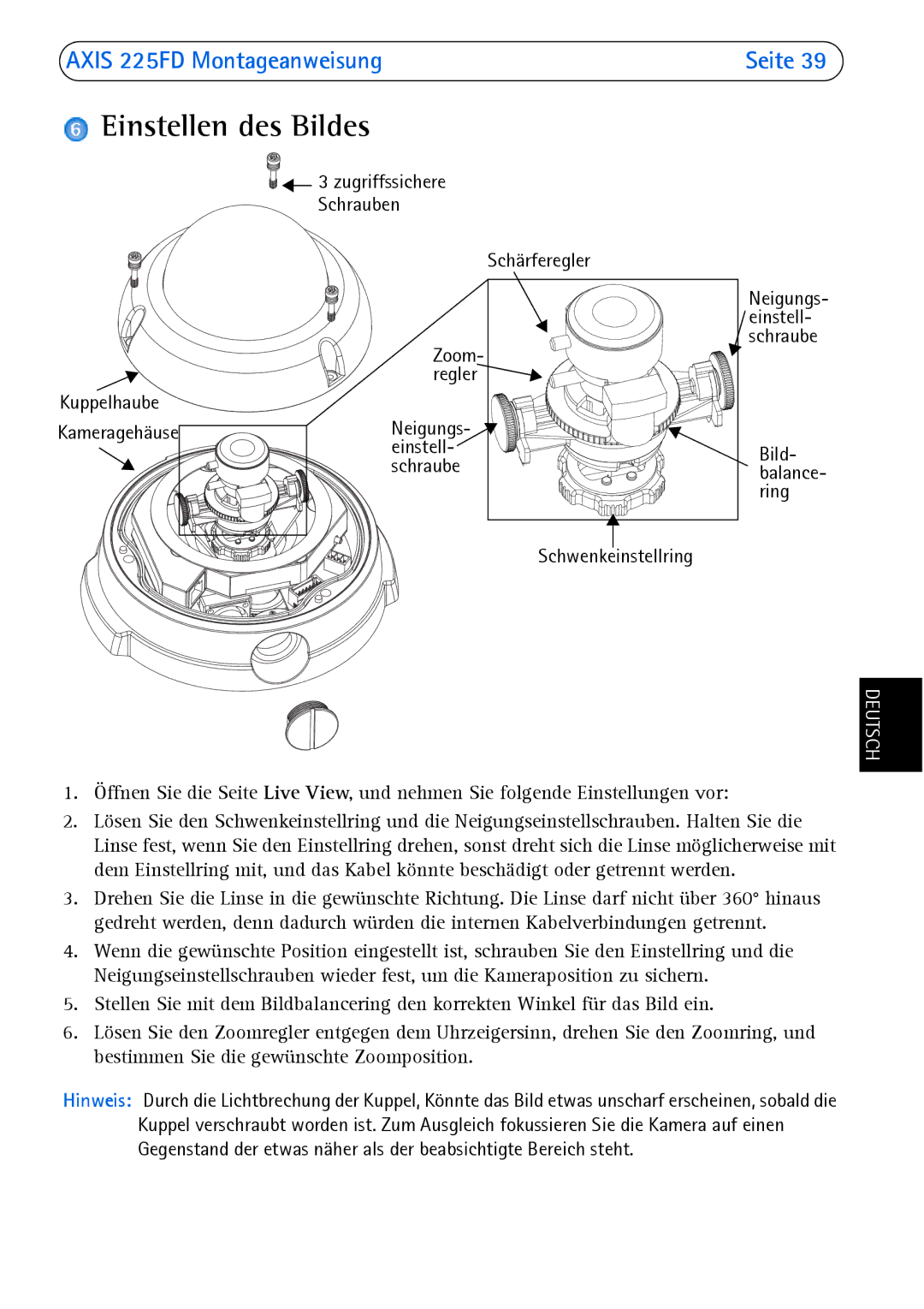 Axis Communications 225FD manual Einstellen des Bildes 