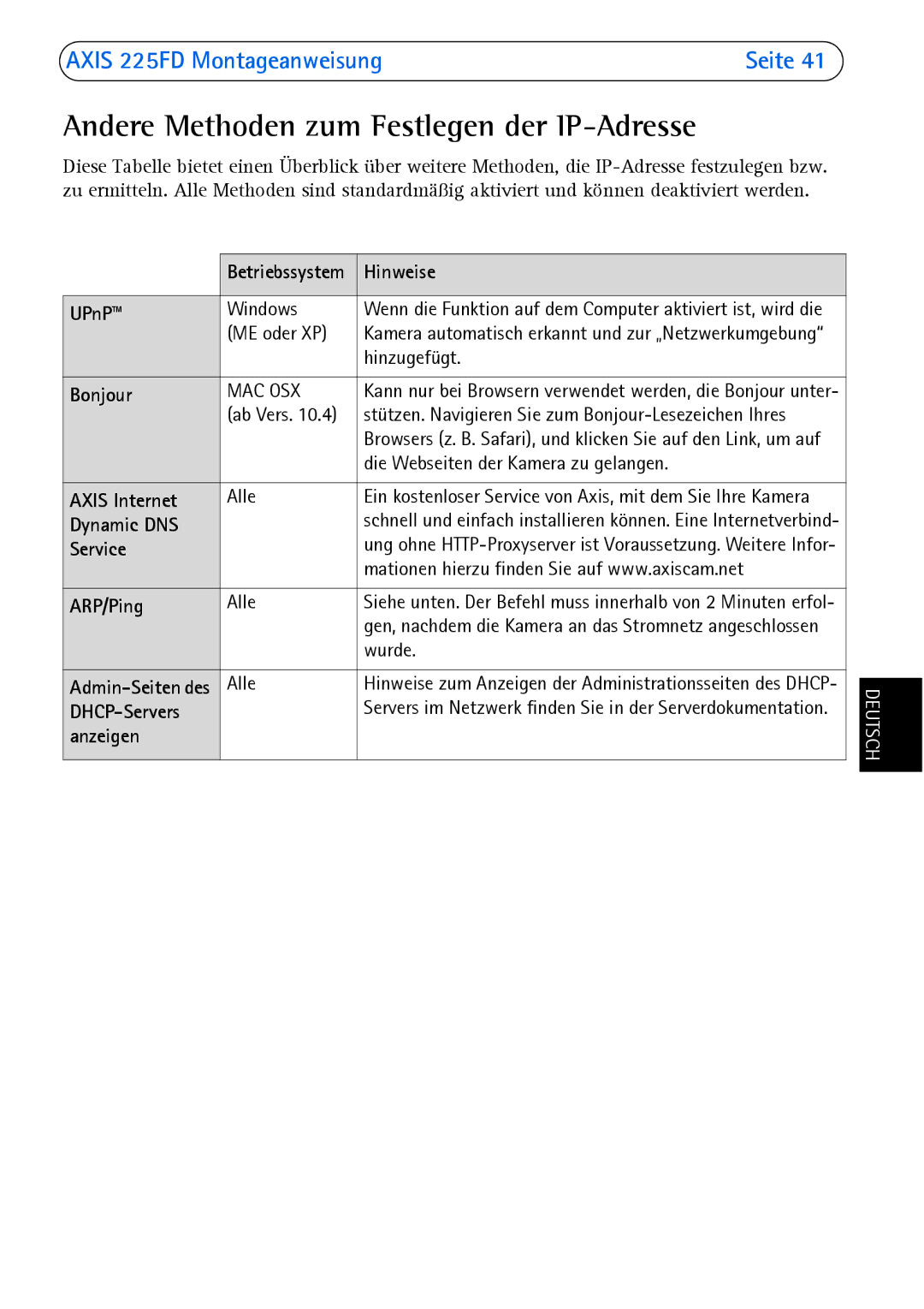 Axis Communications 225FD manual Andere Methoden zum Festlegen der IP-Adresse 