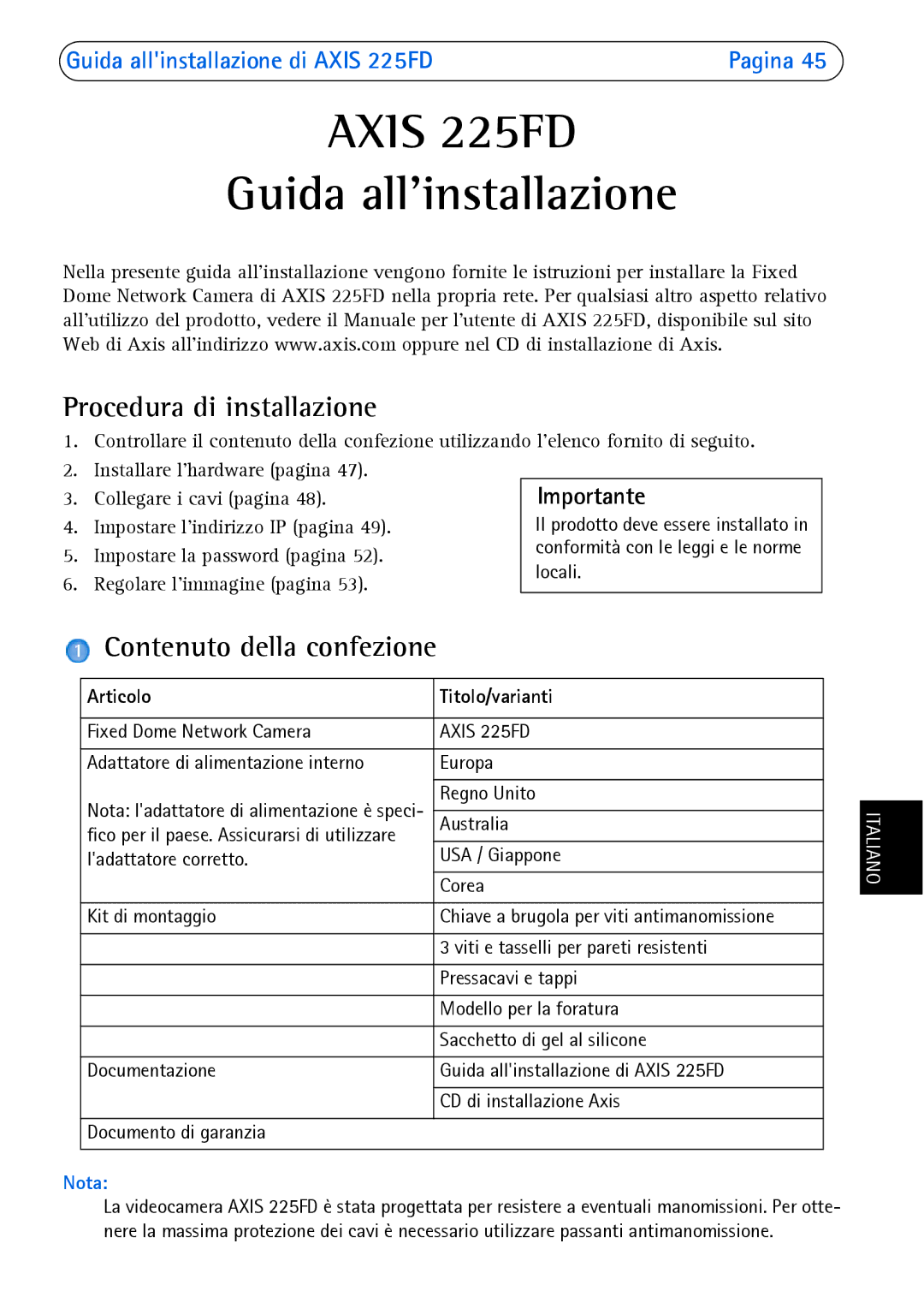 Axis Communications 225FD manual Articolo Titolo/varianti 