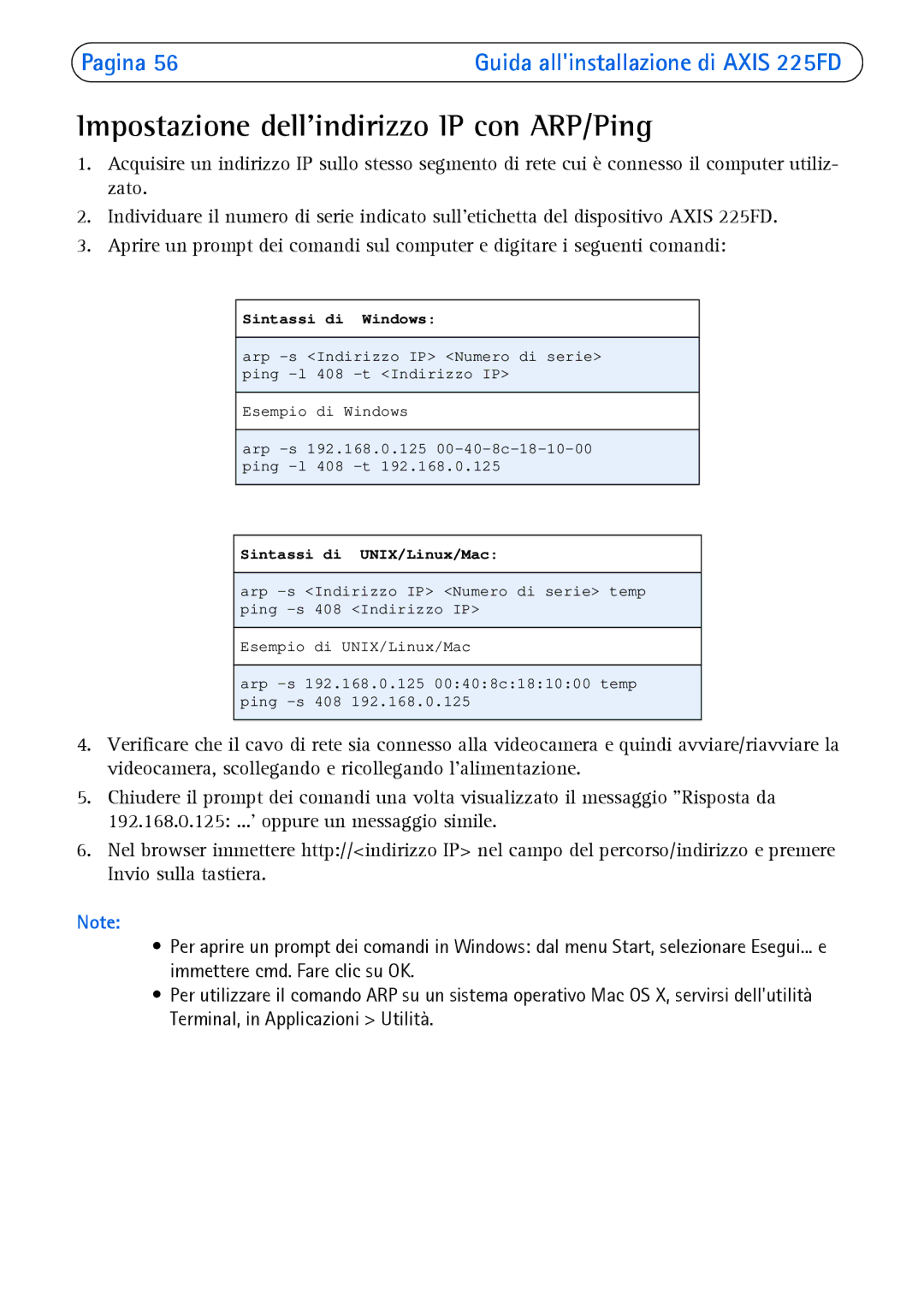 Axis Communications 225FD manual Impostazione dellindirizzo IP con ARP/Ping, Sintassi di Windows 