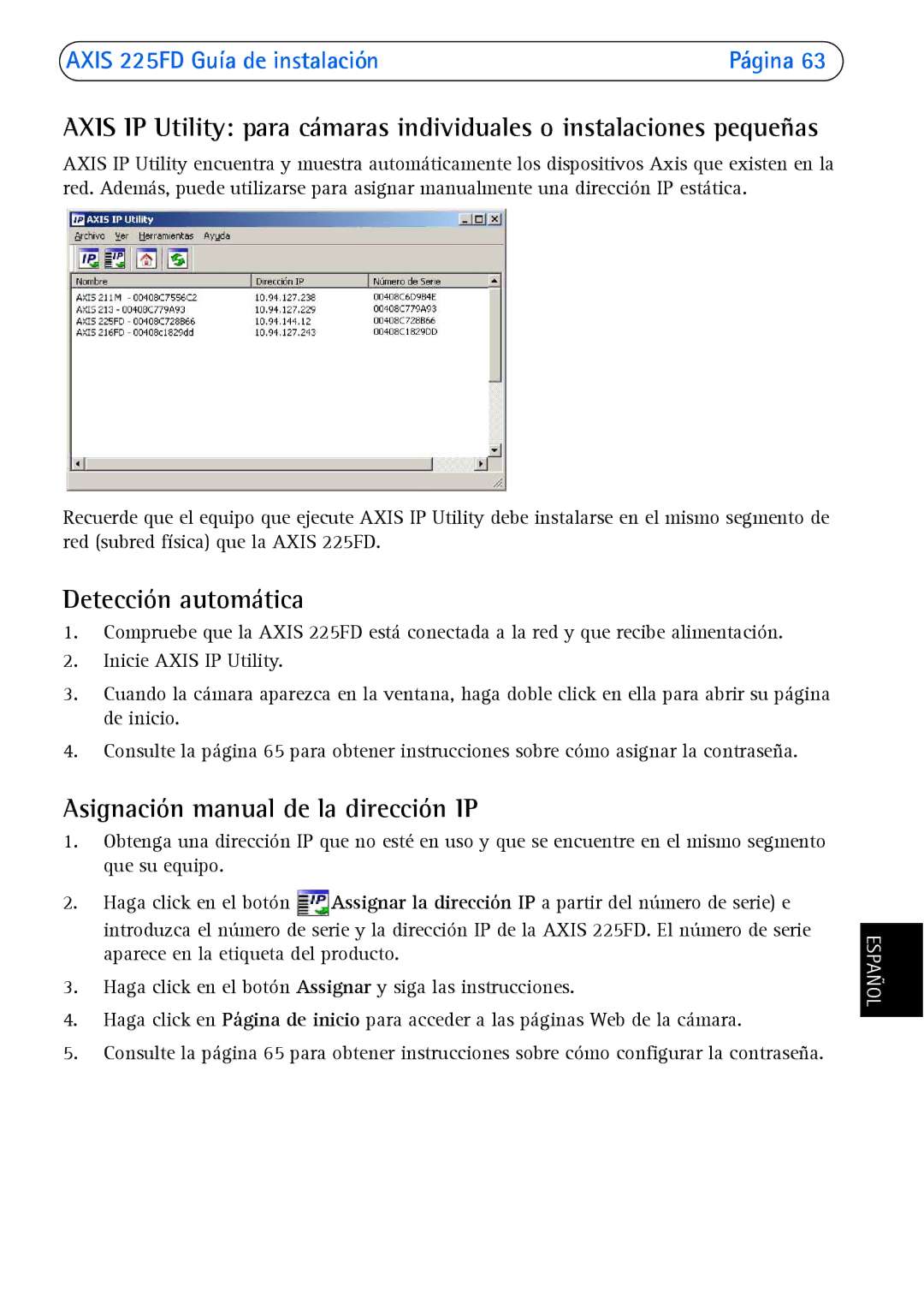 Axis Communications 225FD Detección automática, Asignación manual de la dirección IP 