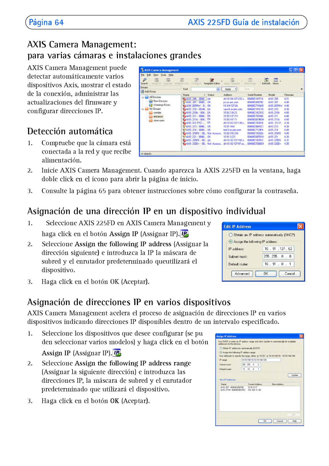 Axis Communications 225FD Asignación de una dirección IP en un dispositivo individual, Haga click en el botón OK Aceptar 