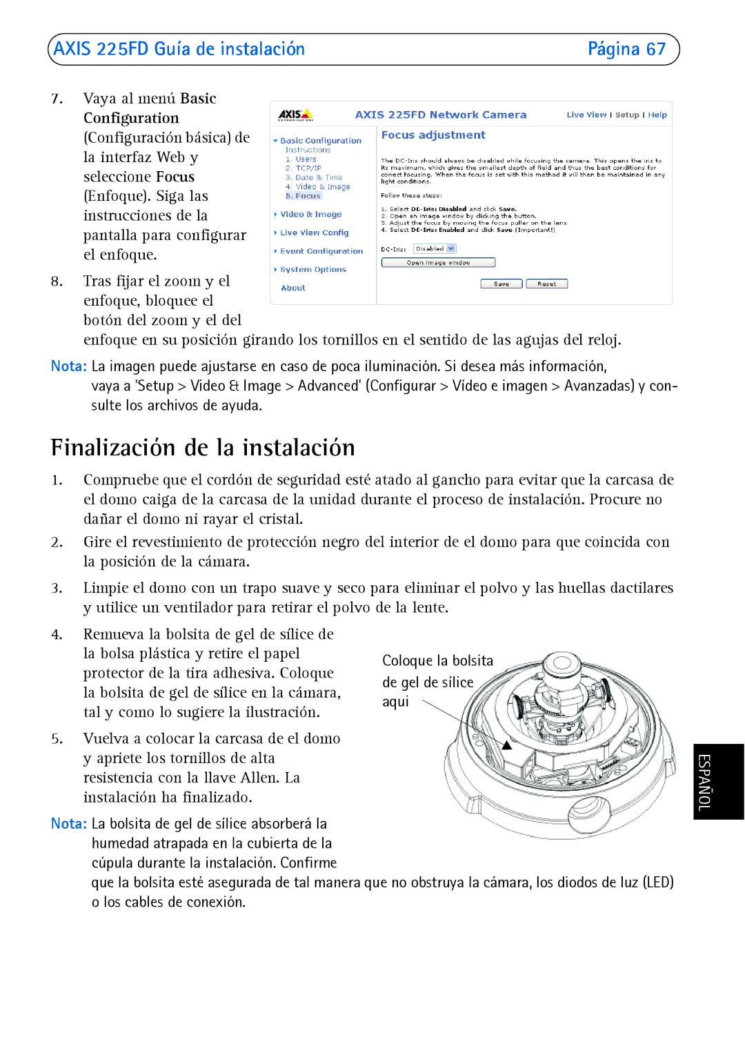 Axis Communications 225FD manual Finalización de la instalación, Vaya al menú Basic 