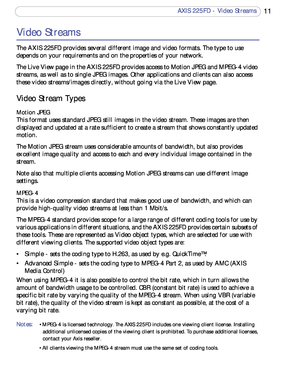 Axis Communications user manual Video Stream Types, AXIS 225FD - Video Streams, Motion JPEG, MPEG-4 